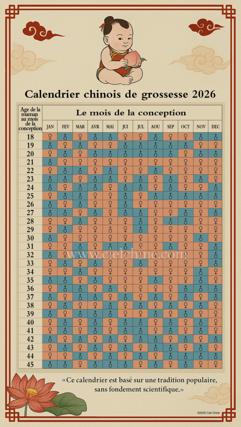Calendrier Chinois - Calendrier De Grossesse 2025/2026 📅 - Ciel Chine | Calendrier Chinois Grossesse Calcul 2025 2026