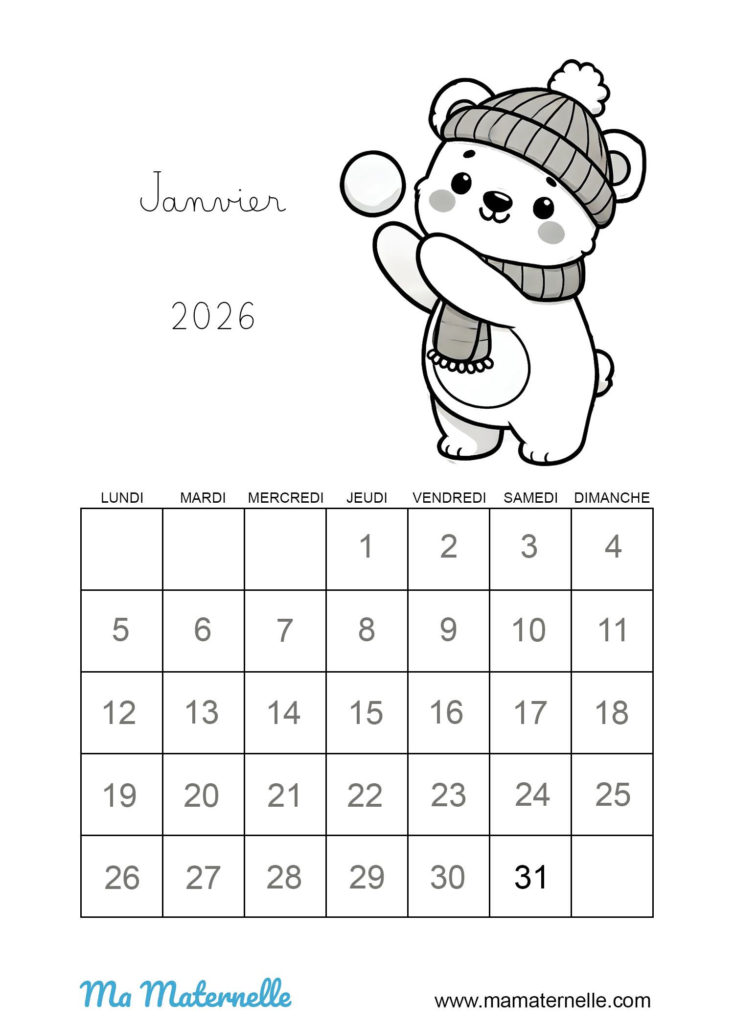 Calendrier Coloriage Janvier 2026 - Ma Maternelle | Calendrier Janvier 2026 Maternelle