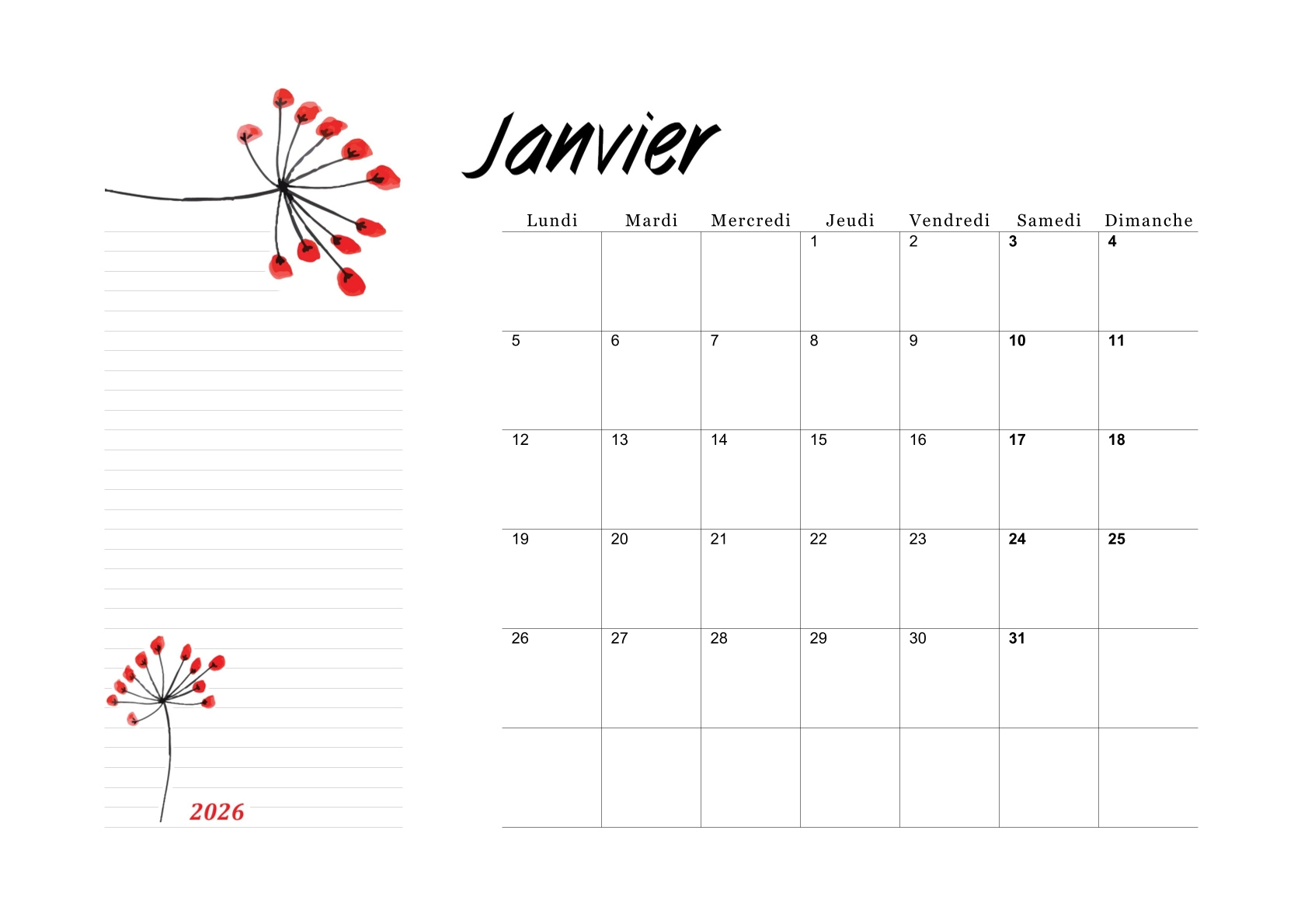 Calendrier De Janvier 2026 Gratuit Imprimable | Calendrier Janvier 2026 à Imprimer