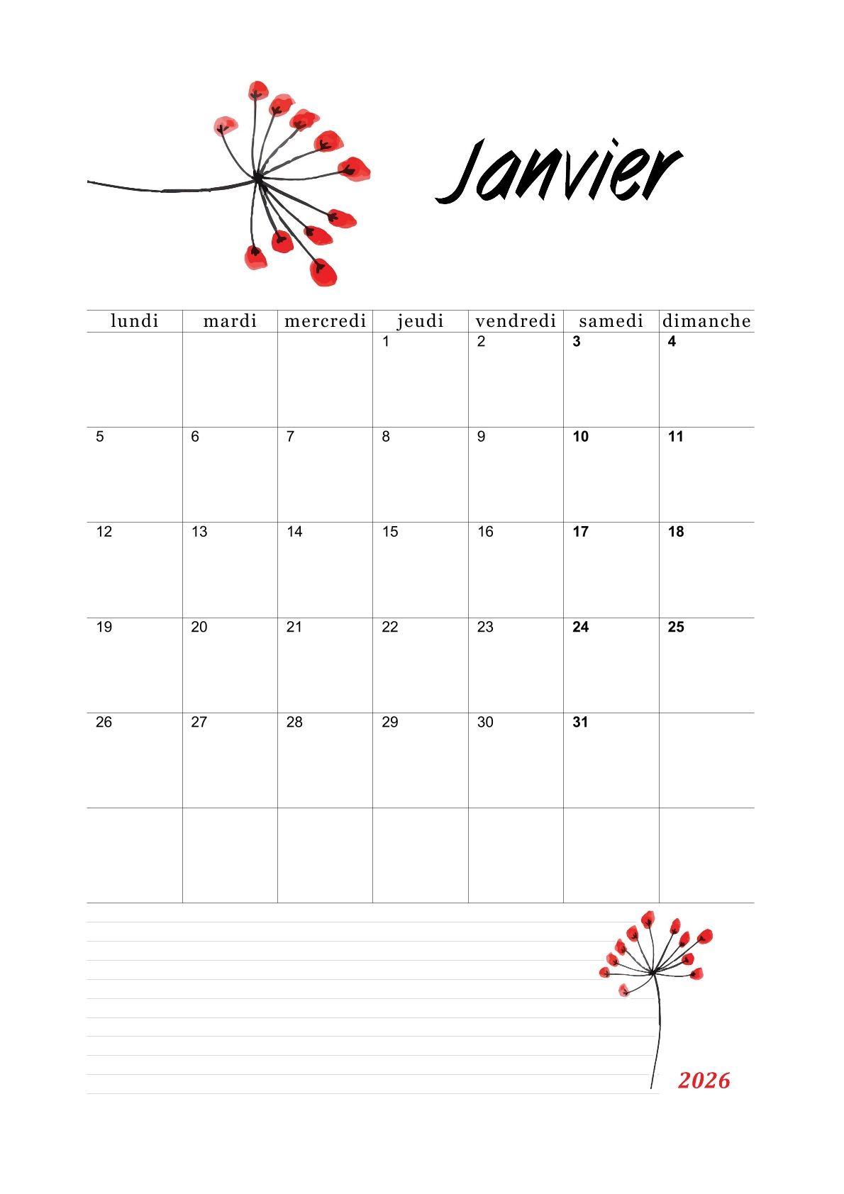 Calendrier De Janvier 2026 Gratuit Imprimable | Calendrier Janvier 2026 Imprimable Gratuity