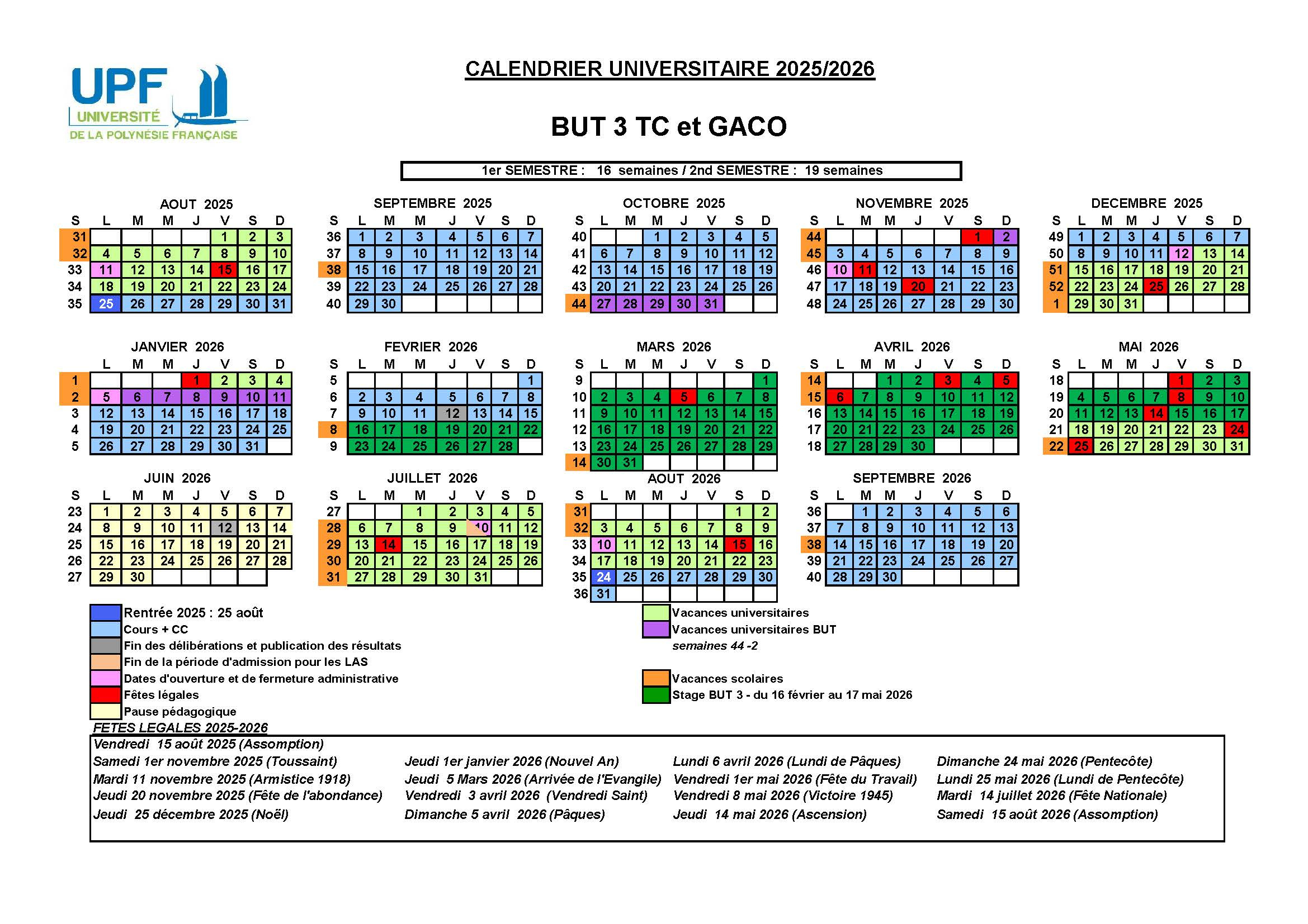Calendrier De L&amp;#039;Année Universitaire | Upf | Calendrier Scolaire 2026 2027 Tahiti
