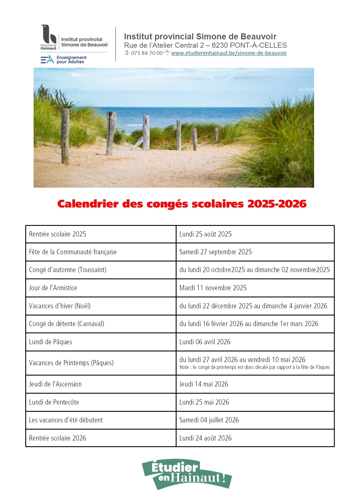 Calendrier Des Congés Scolaires 2025-2026 - Actualités Institut | Calendrier Vacances Scolaires 2026 Belgique