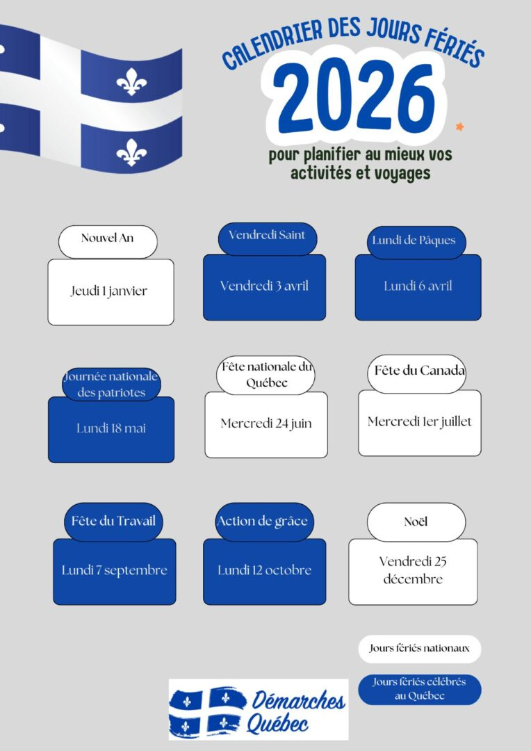 Calendrier Des Jours Fériés 2026 Officiels Au Québec | Calendrier 2026 Avec Jours Fériés Québec