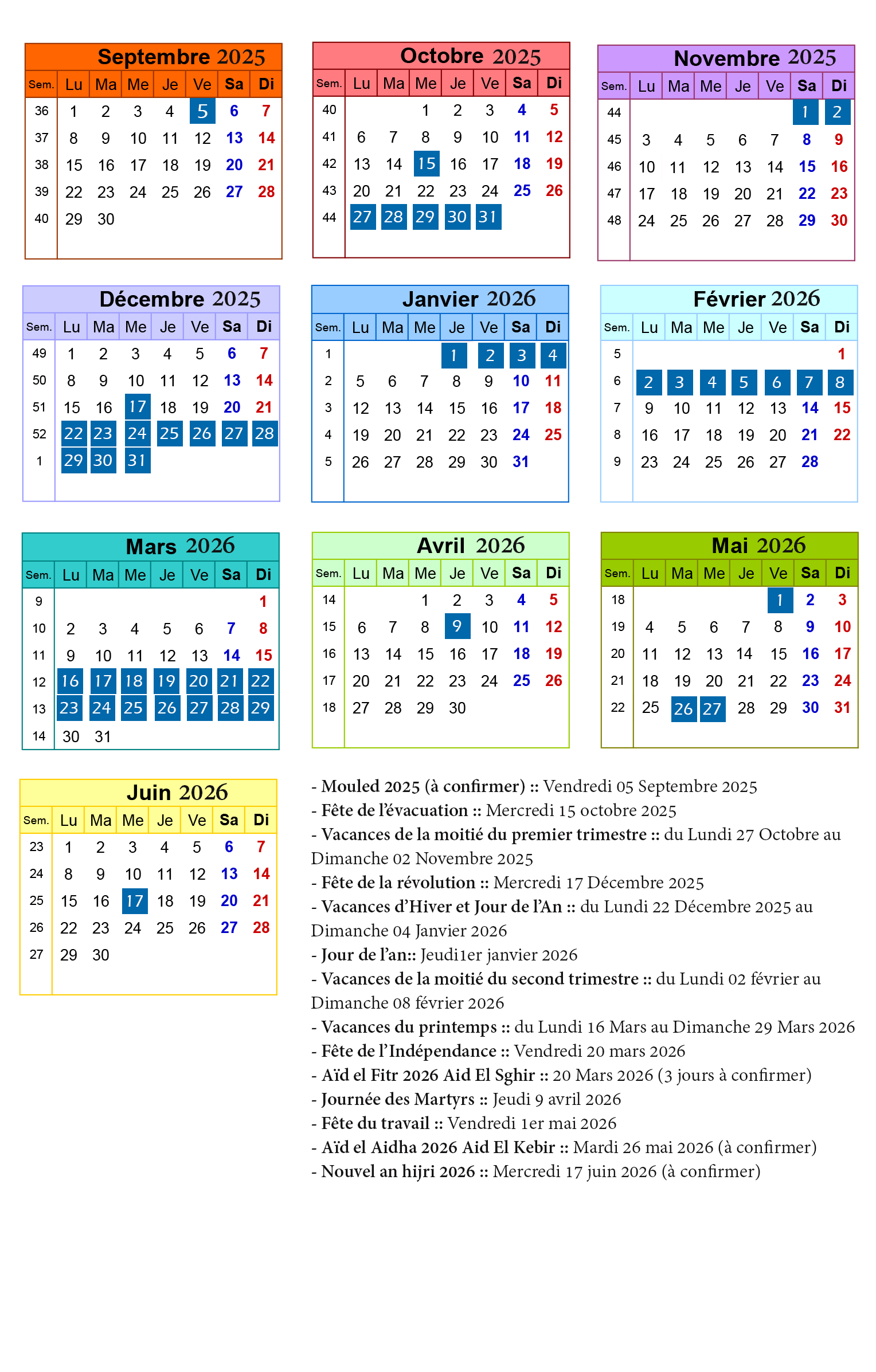 Calendrier Des Vacances Scolaires Et Jours Fériés 2025 - 2026 En | Calendrier 2026 Avec Jours Fériés Tunisie