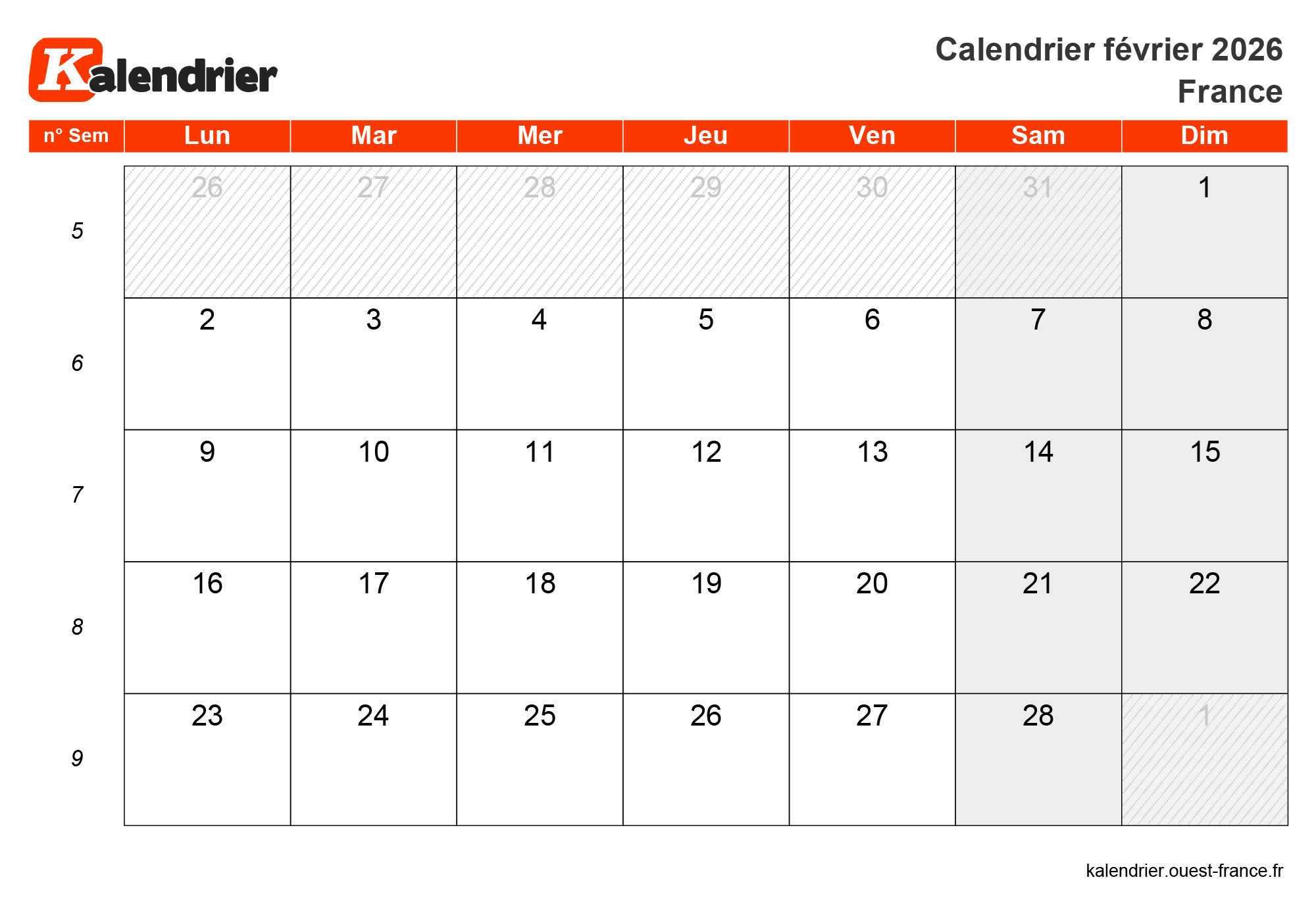 Calendrier Du Mois De Février 2026 À Consulter Et Imprimer | Février 2026 Calendrier Des Saints