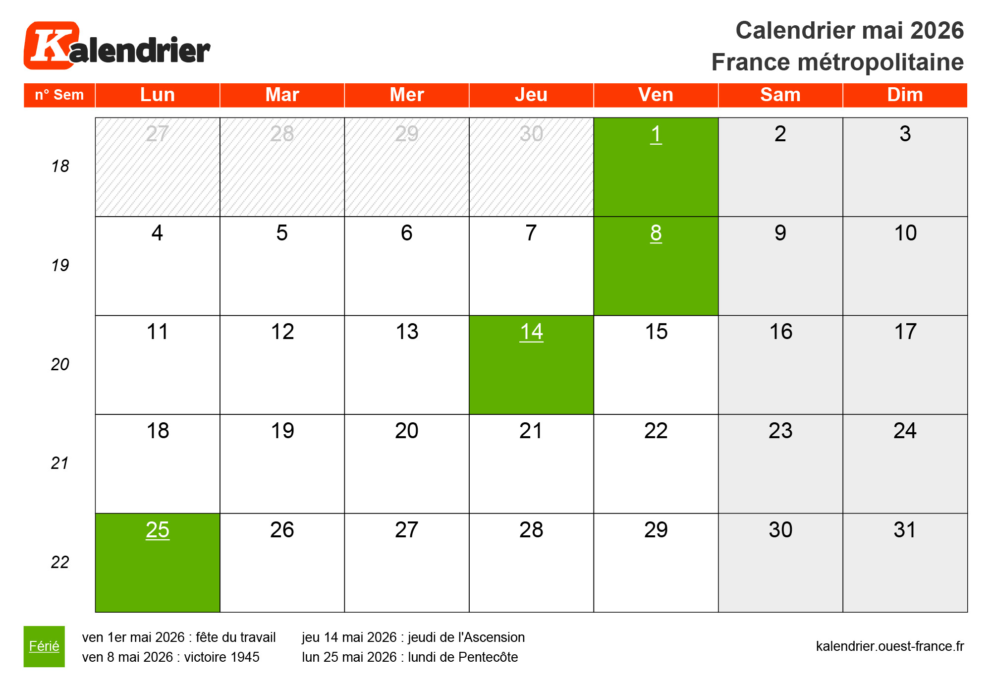 Calendrier Du Mois De Mai 2026 À Consulter Et Imprimer | Calendrier Mai 2026 Avec Jours Fériés