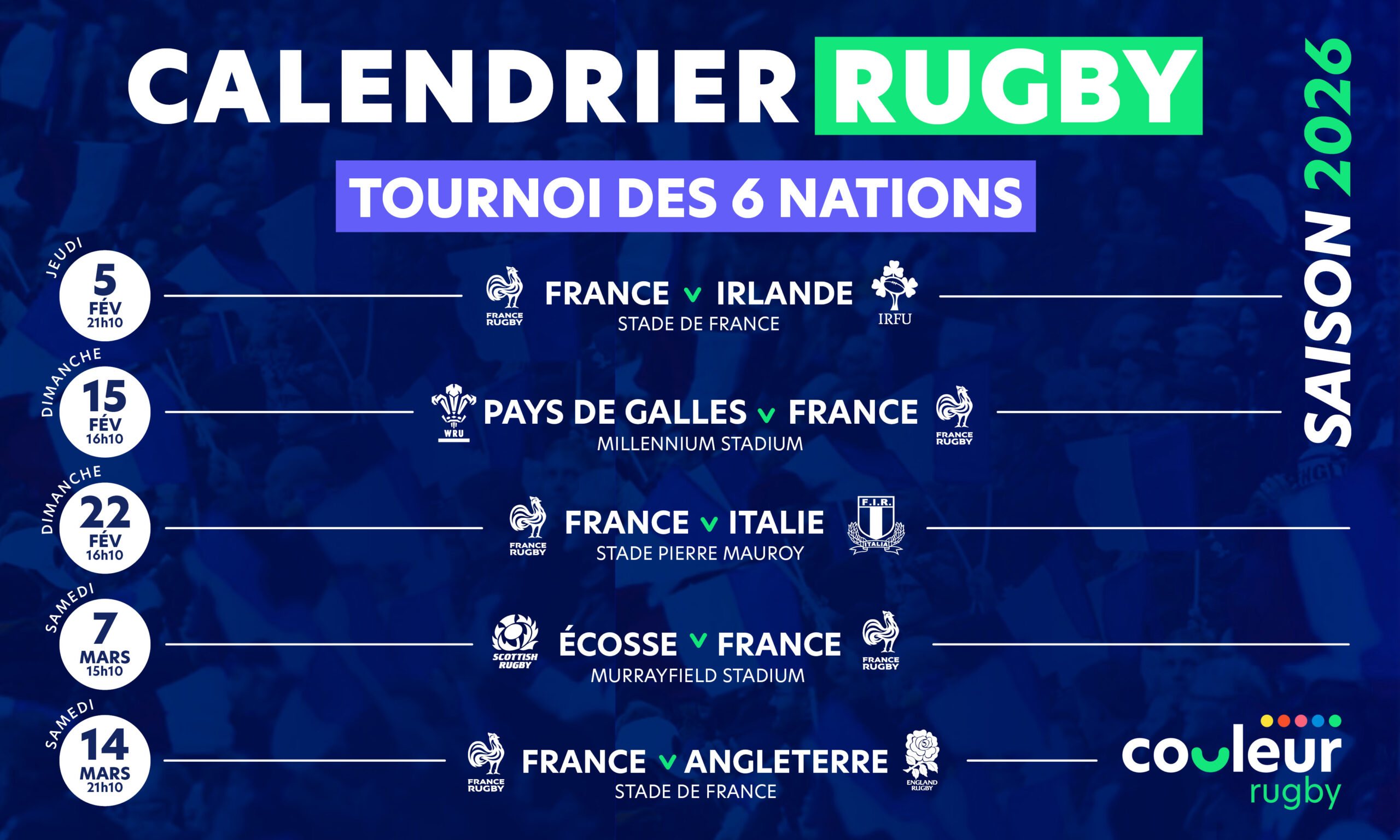 Calendrier Du Tournoi Des 6 Nations 2026 | Calendrier Tournoi des 6 Nations 2026