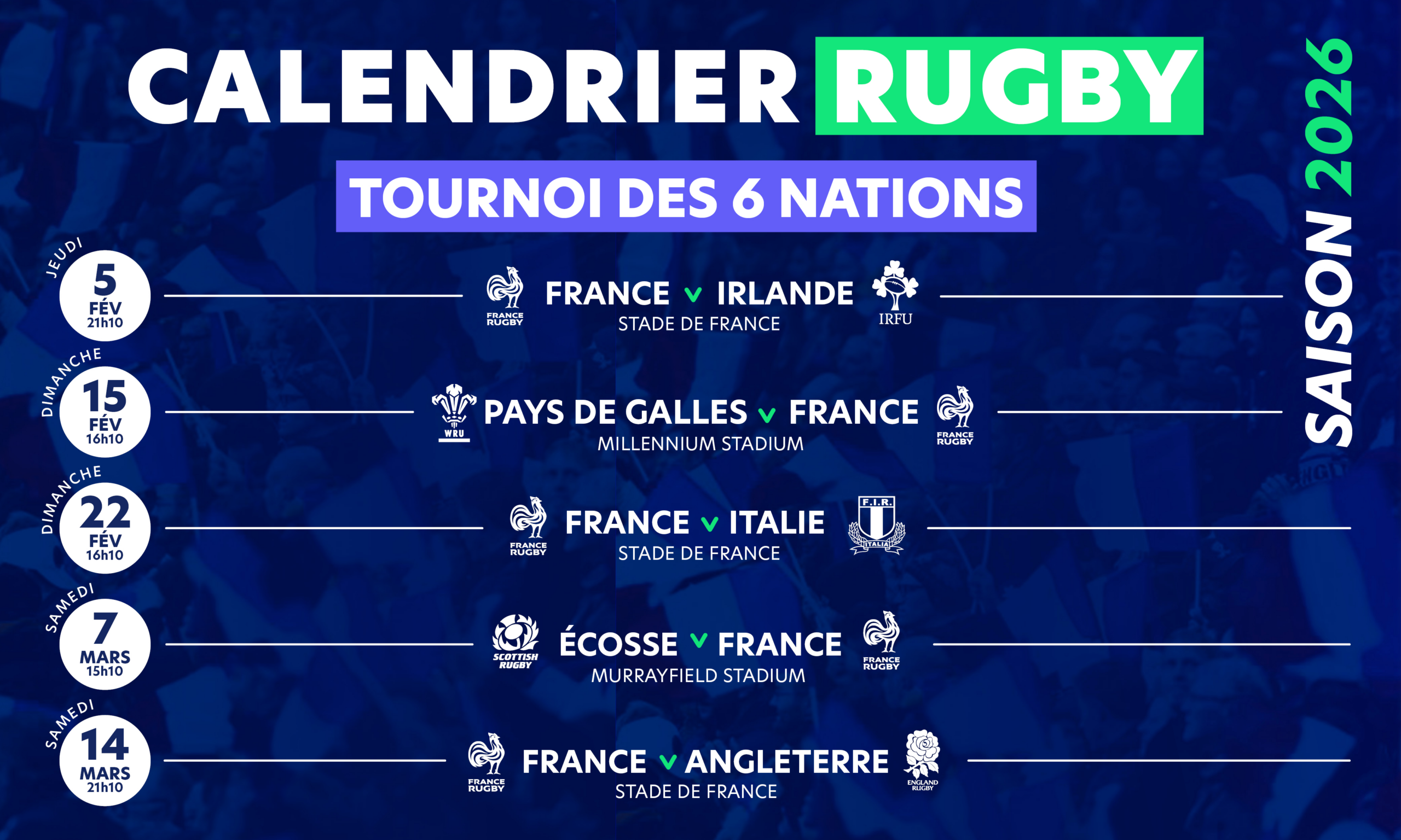 Calendrier Du Tournoi Des 6 Nations 2026 | Tournoi des 6 Nations 2026 Calendrier