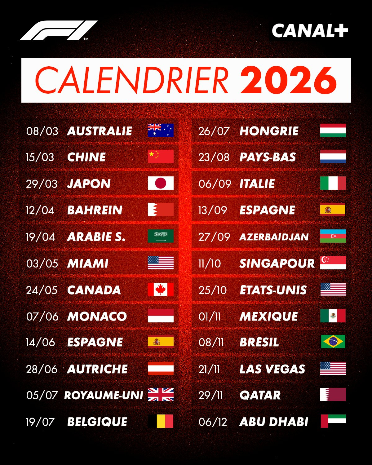 Calendrier F1 2026 : Dates Et Horaires Des 24 Grands Prix De La | Calendrier F1 2026