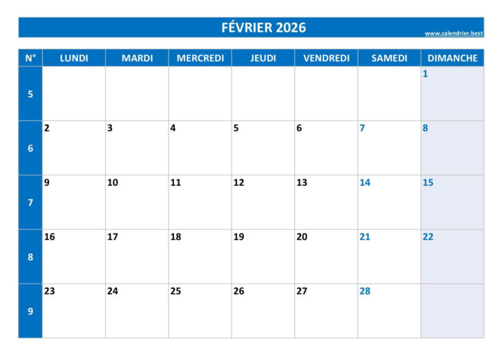Calendrier Mois de Février 2026