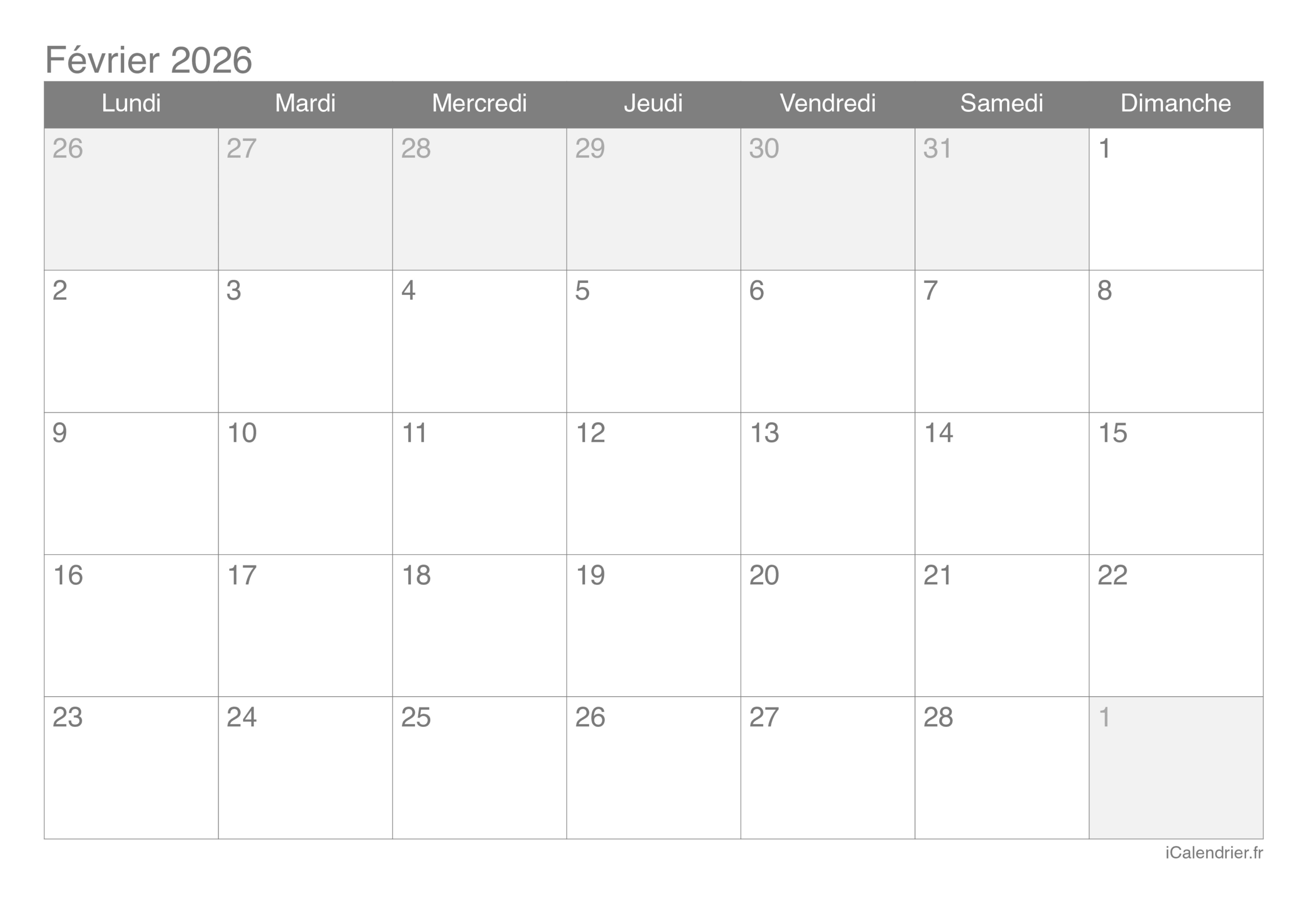 Calendrier Février 2026 À Imprimer | Calendrier Mois De Février 2026 À Imprimer