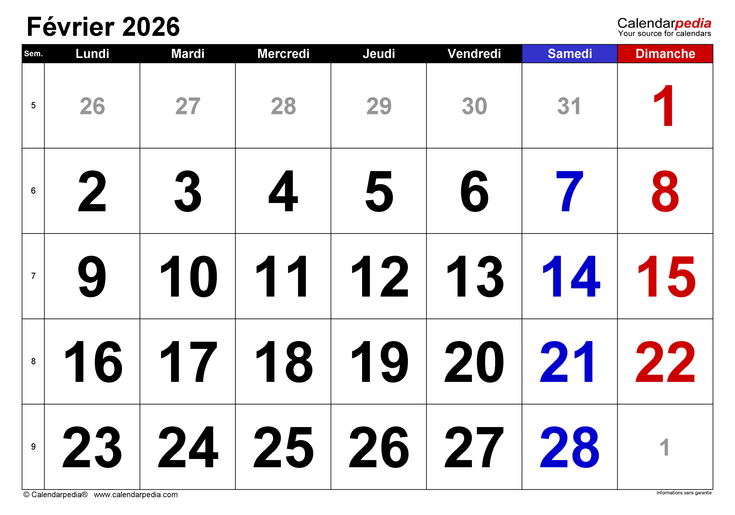 Calendrier Février 2026 Pdf, Excel Et Word | Calendarpedia | Calendrier Mois de Février 2026 à Imprimer