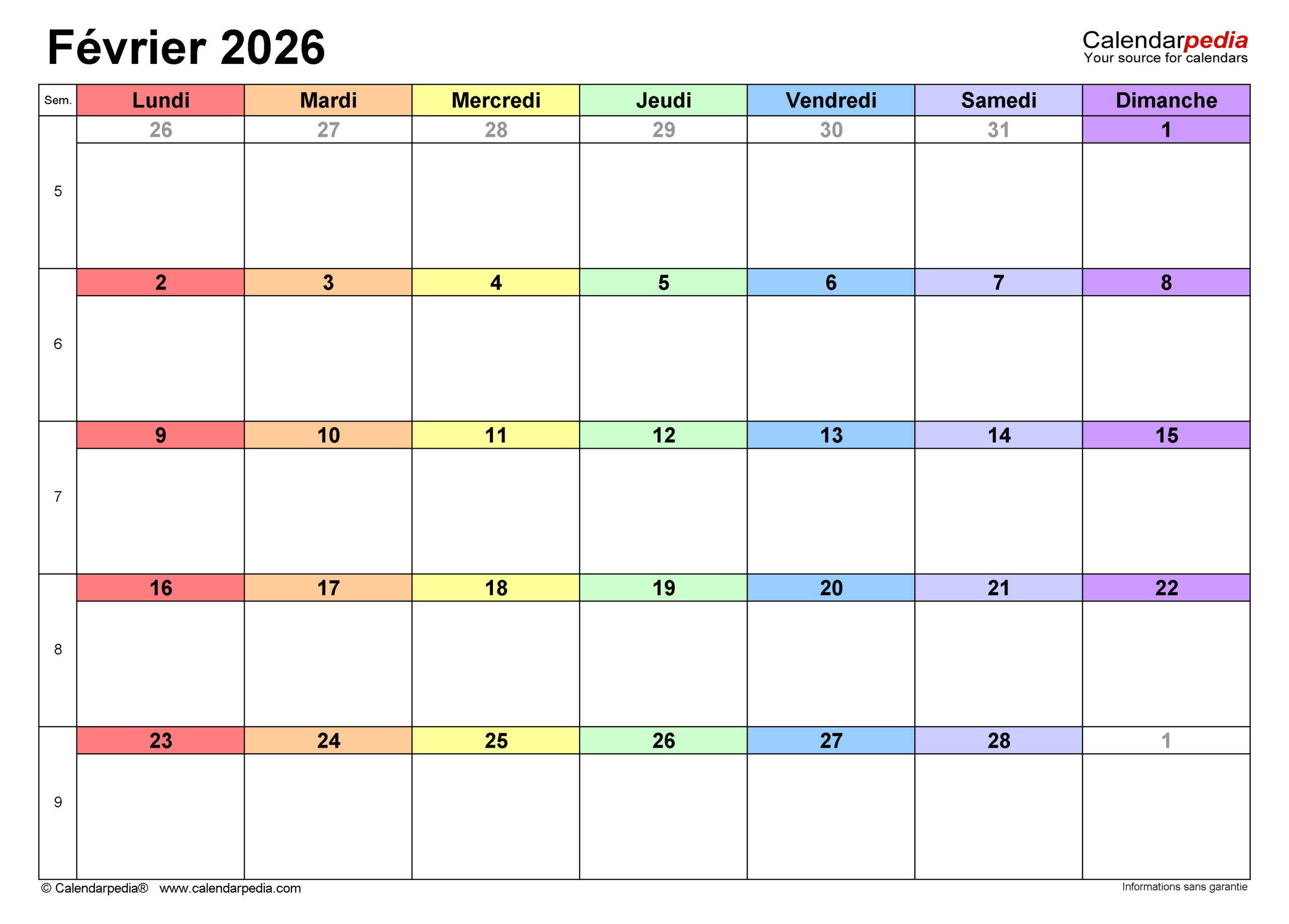 Calendrier Février 2026 Pdf, Excel Et Word | Calendarpedia | Février 2026 Calendrier des Prénoms