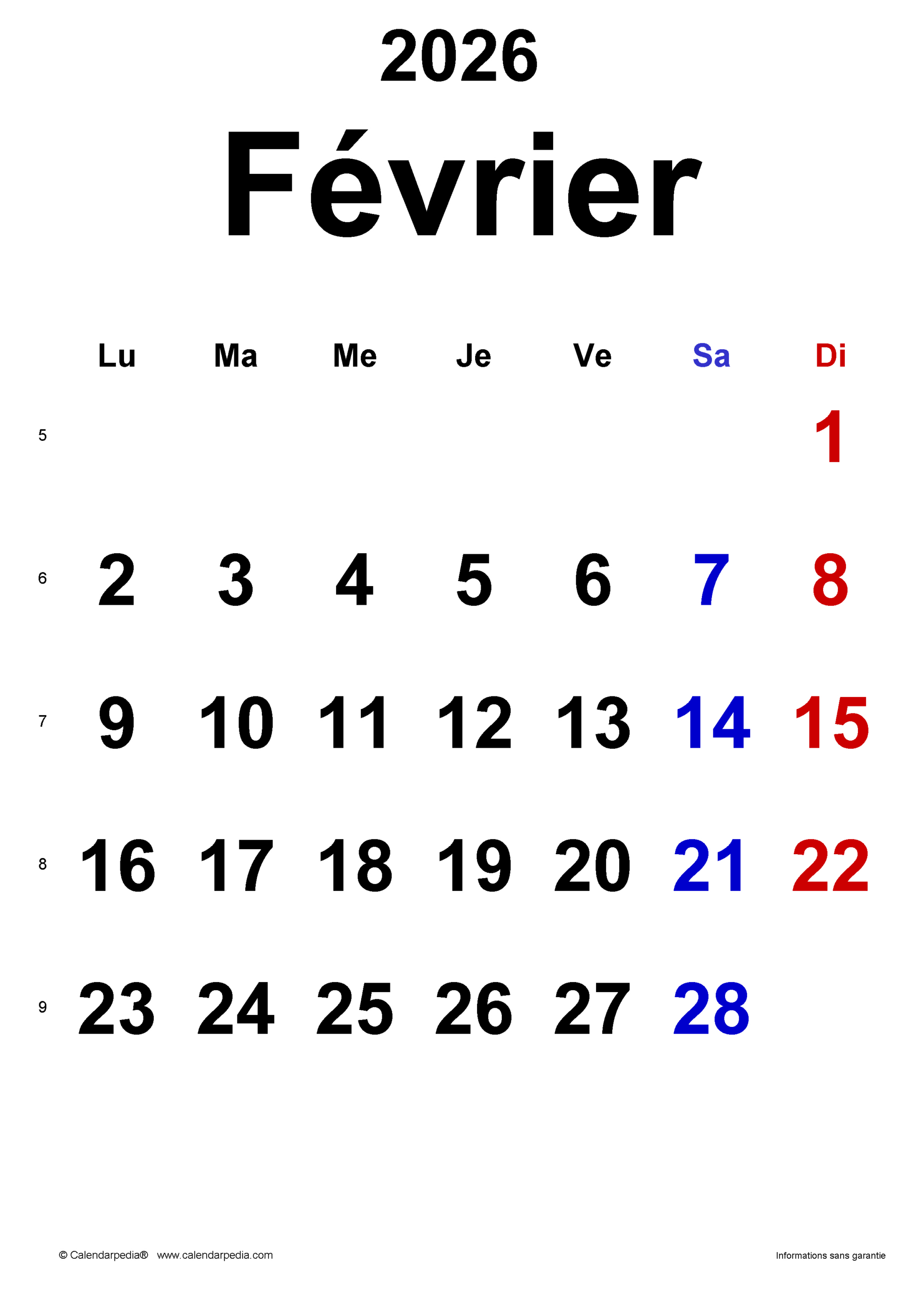 Calendrier Février 2026 Pdf, Excel Et Word | Calendarpedia | Février 2026 Calendrier des Prénoms