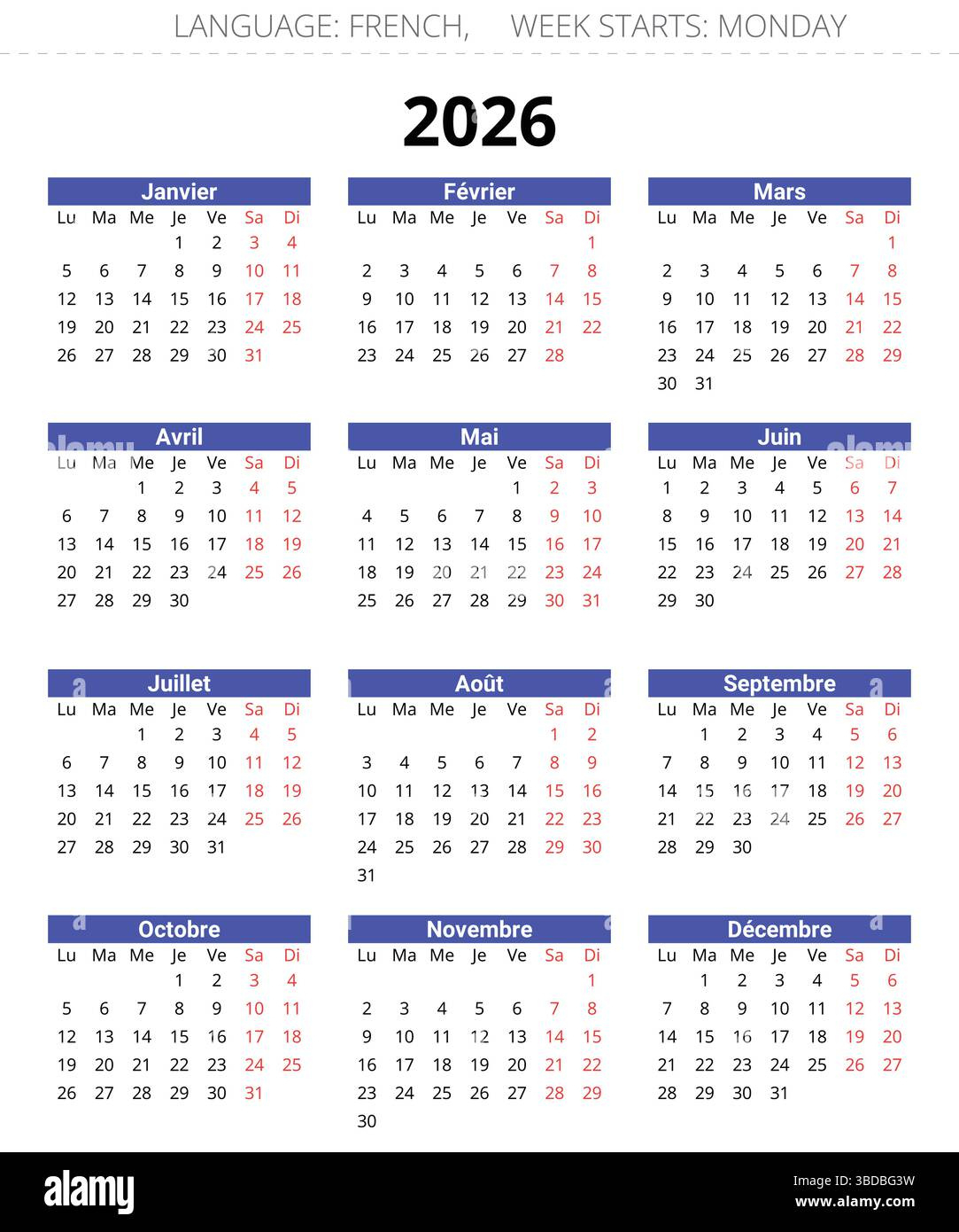 Calendrier Français 2026 - Calendrier. Illustration Vectorielle | Calendrier 2026 Mois Par Mois