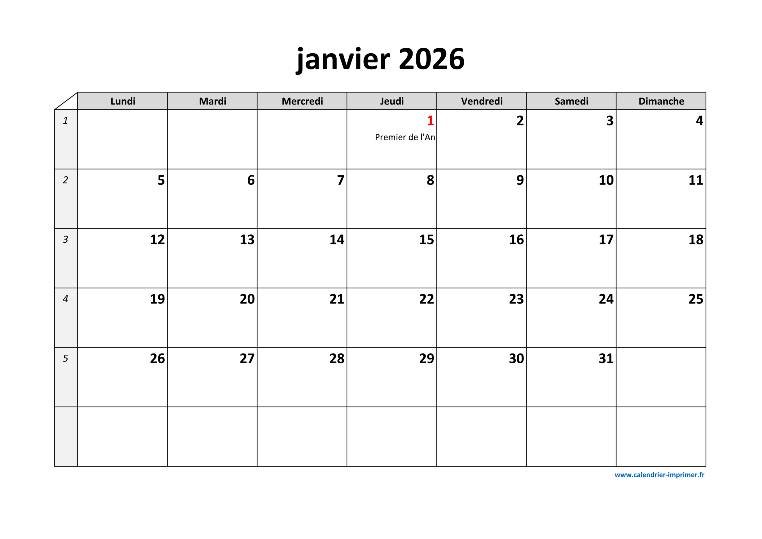 Calendrier Janvier 2026 À Imprimer | Calendrier 2026 Gratuit à Imprimer Vierge