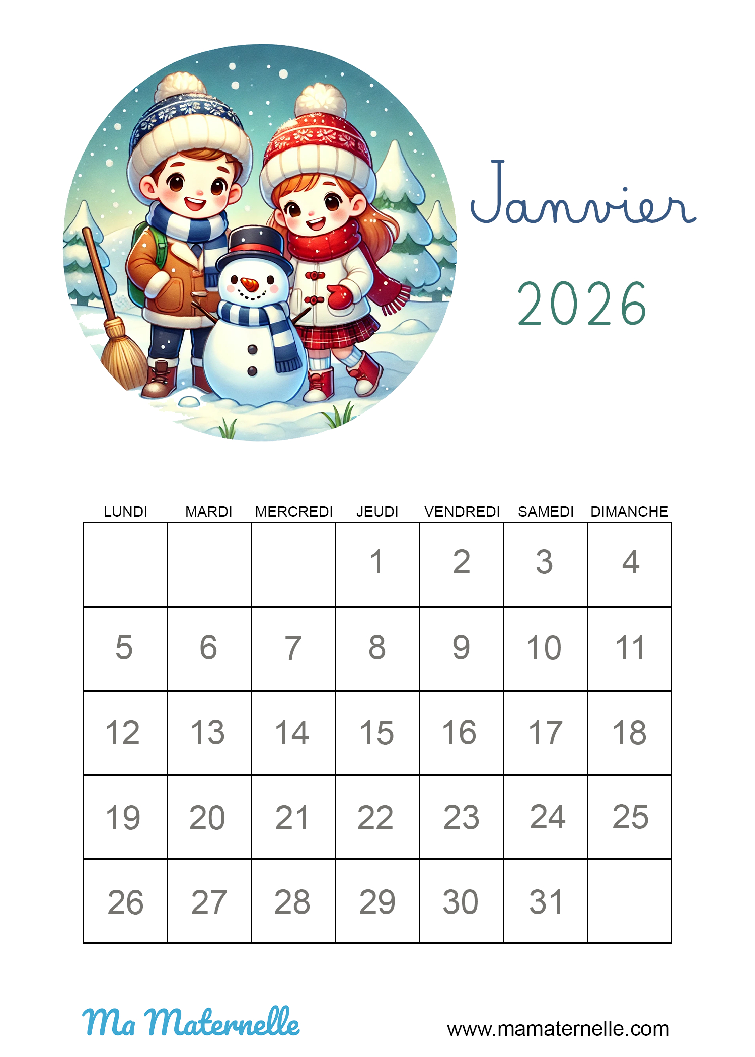 Calendrier Janvier 2026 - Ma Maternelle | Calendrier Janvier 2026 Maternelle