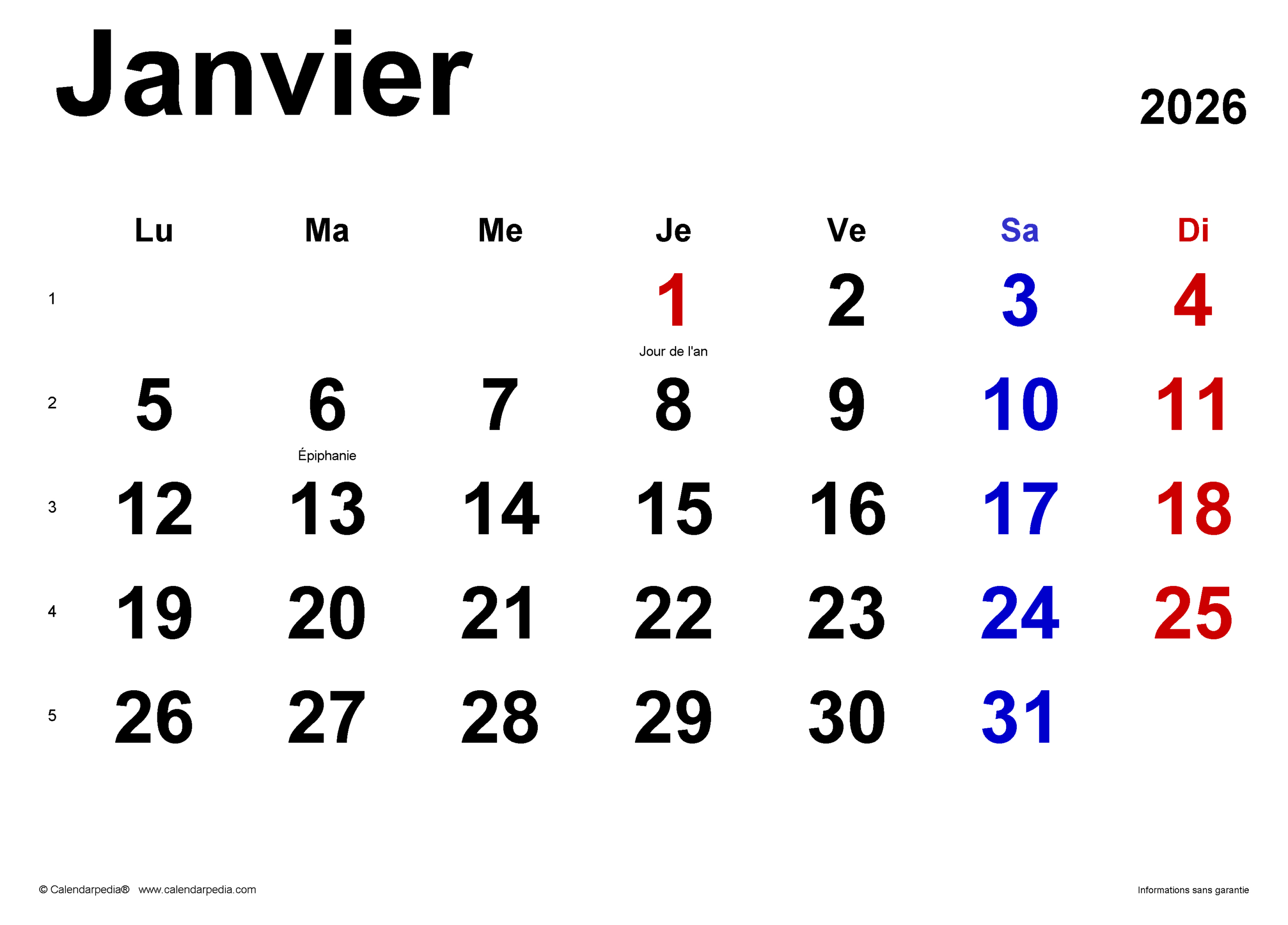 Calendrier Janvier 2026 Pdf, Excel Et Word | Calendarpedia | Calendrier Janvier 2026 Png