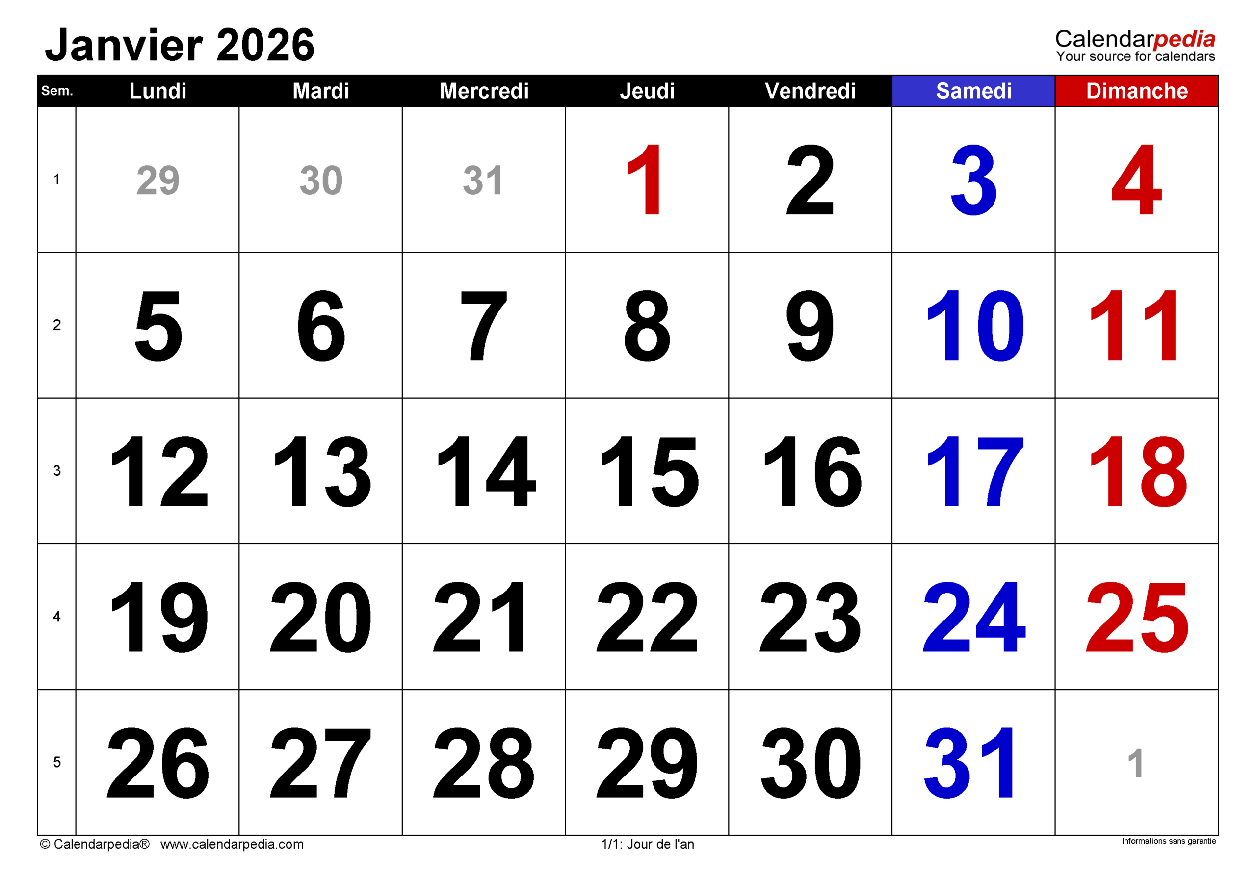 Calendrier Janvier 2026 Pdf, Excel Et Word | Calendarpedia | Calendrier Janvier 2026 PNG