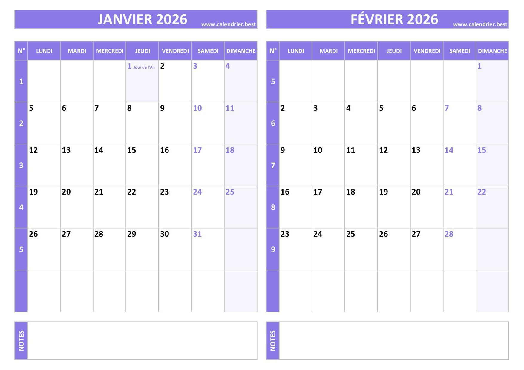 Calendrier Janvier Et Février 2026 À Imprimer -Calendrier.best | Calendrier Janvier Février 2026