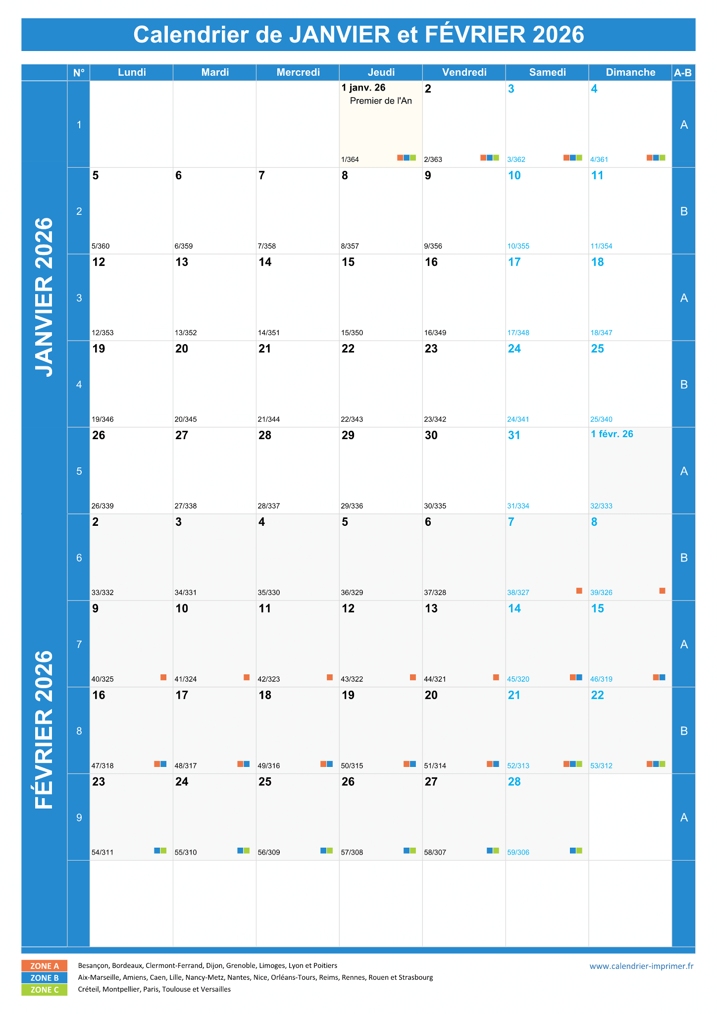 Calendrier Janvier Et Février 2026 À Imprimer | Calendrier Janvier 2026 PNG