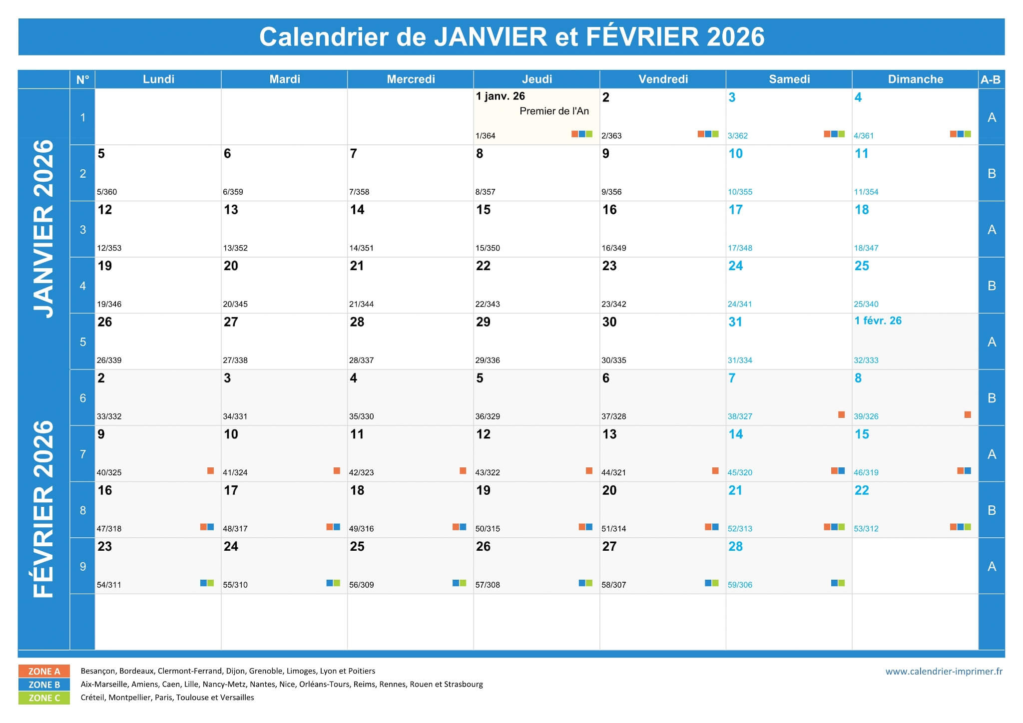 Calendrier Janvier Et Février 2026 À Imprimer | Calendrier Janvier Février 2026