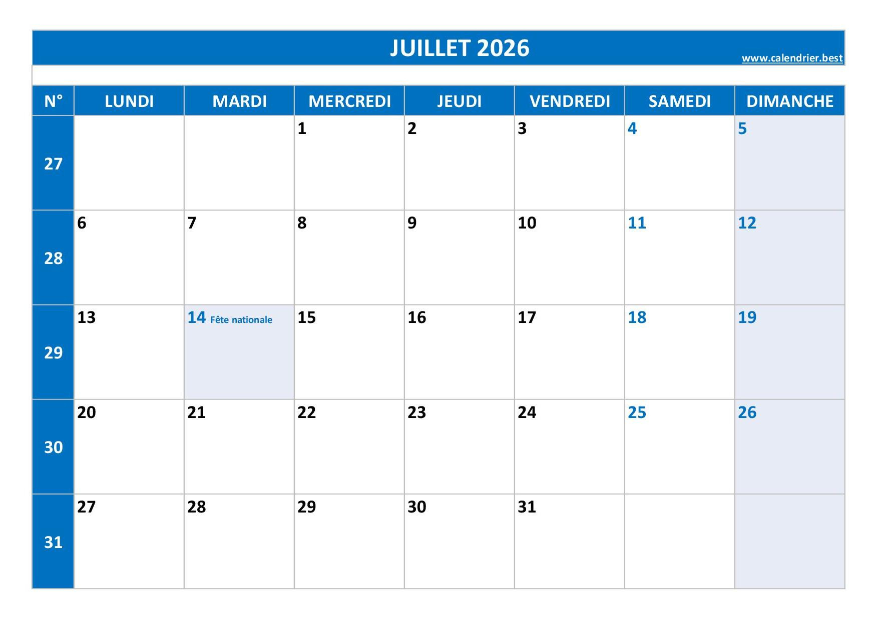 Calendrier Juillet 2026 À Consulter Ou Imprimer -Calendrier.best | Calendrier Juillet 2026