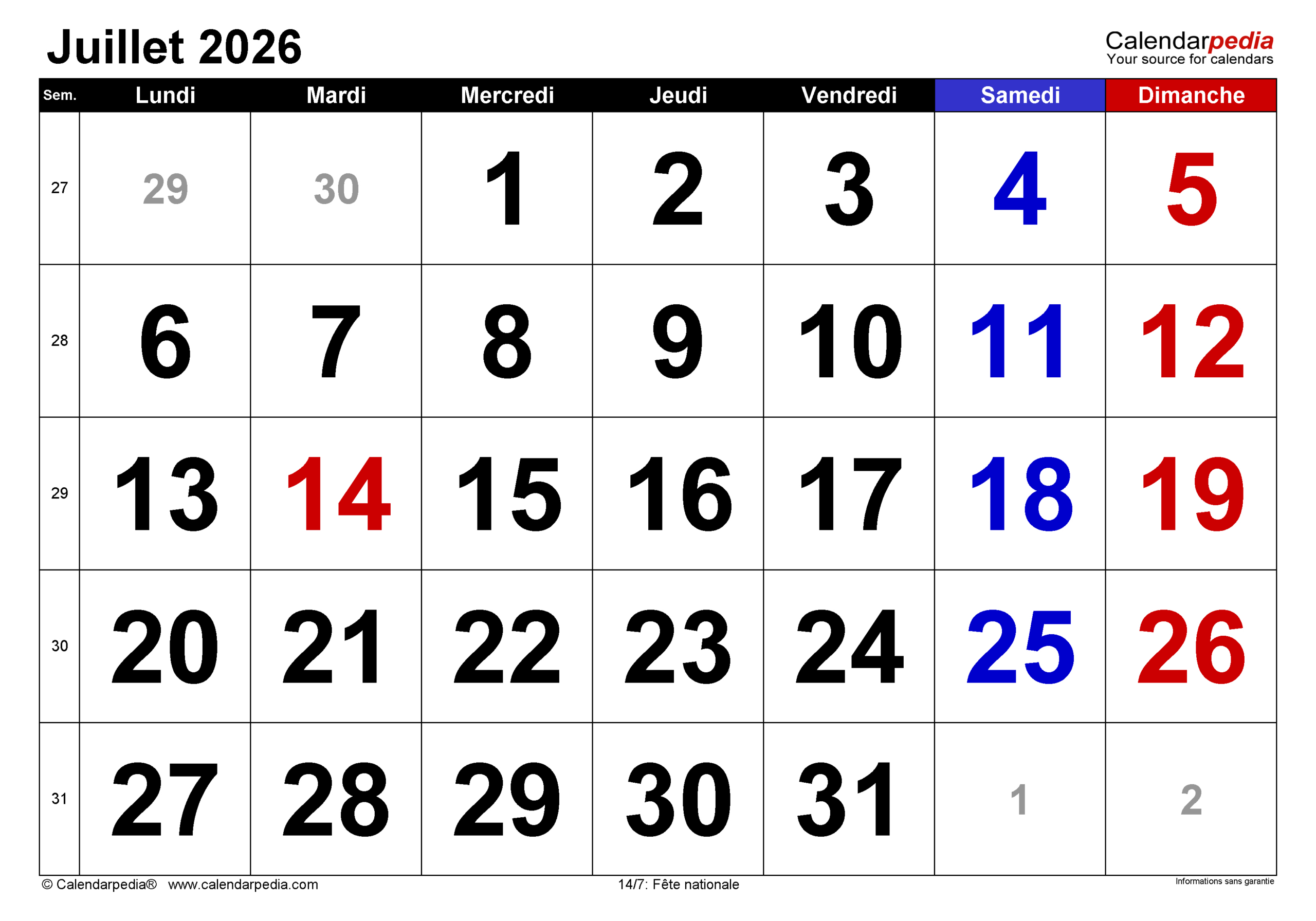 Calendrier Juillet 2026 Pdf, Excel Et Word | Calendarpedia | Calendrier Juillet 2026