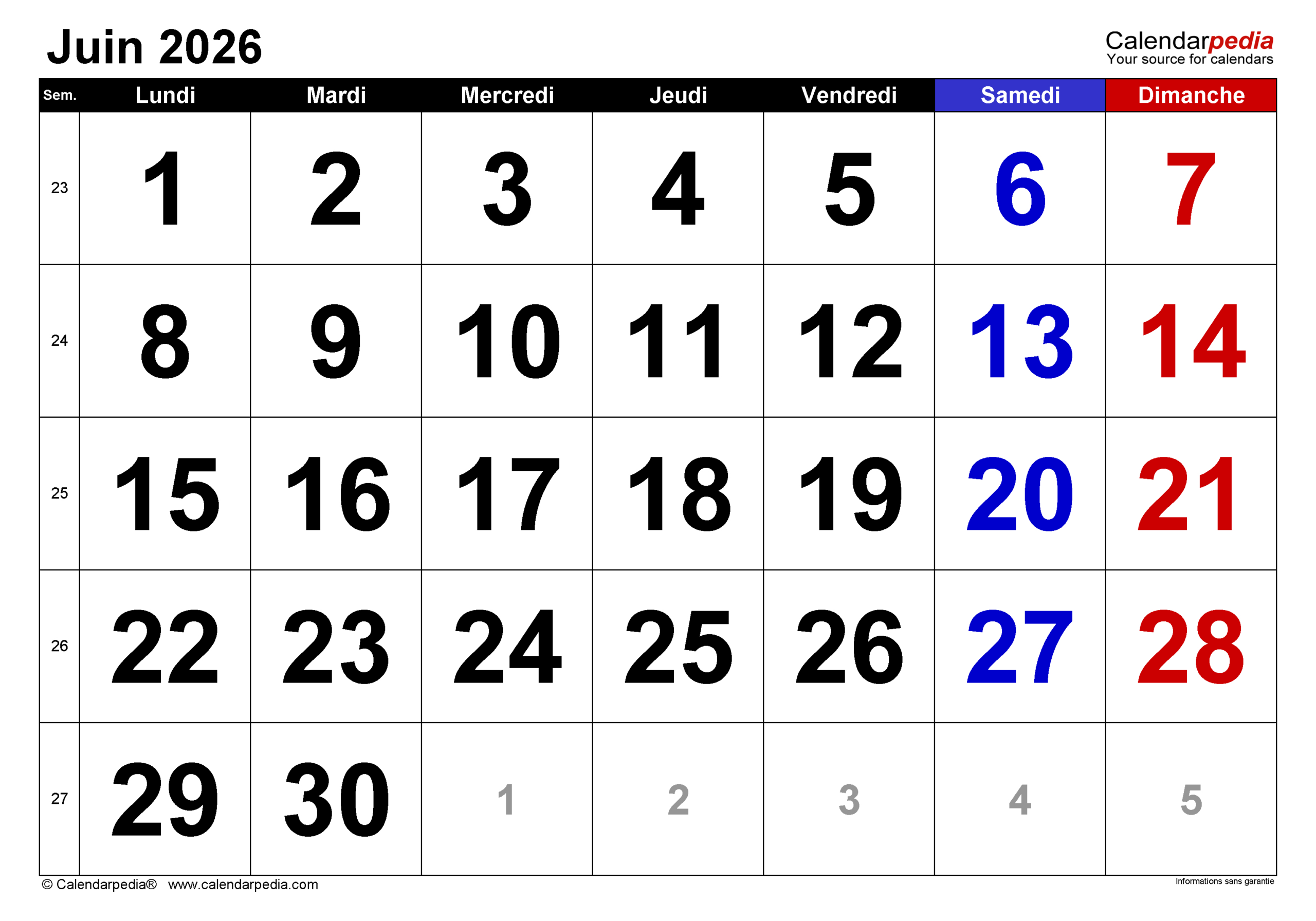 Calendrier Juin 2026 Pdf, Excel Et Word | Calendarpedia | Calendrier Juin 2026