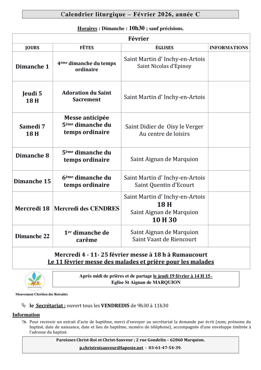 Calendrier Liturgique Du Mois De Février 2026 | Février 2026 Calendrier des Saints