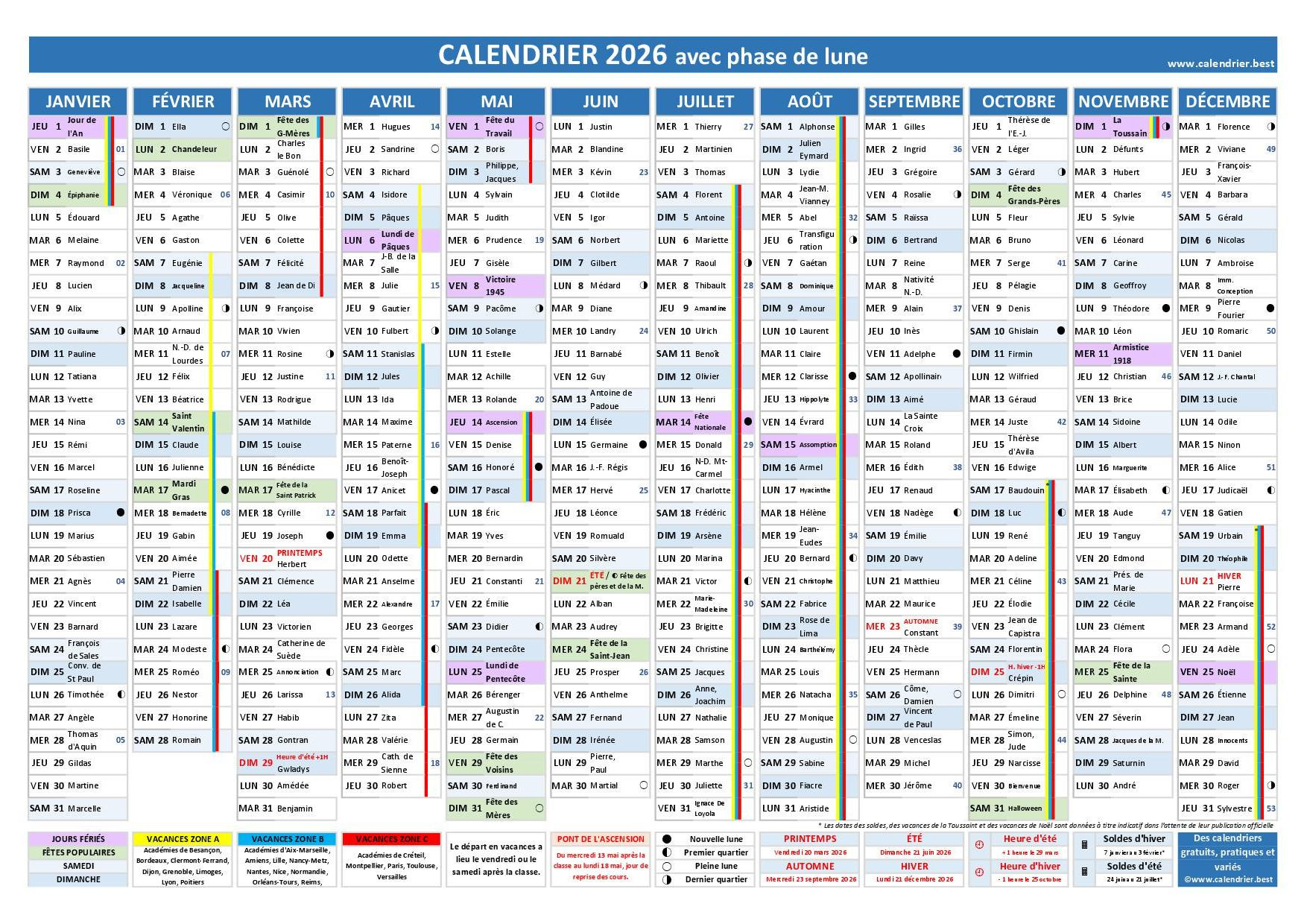 Calendrier Lunaire 2026 - Dates Et Horaires Des Phases De Lune 2026 | Calendrier Lunaire 2026