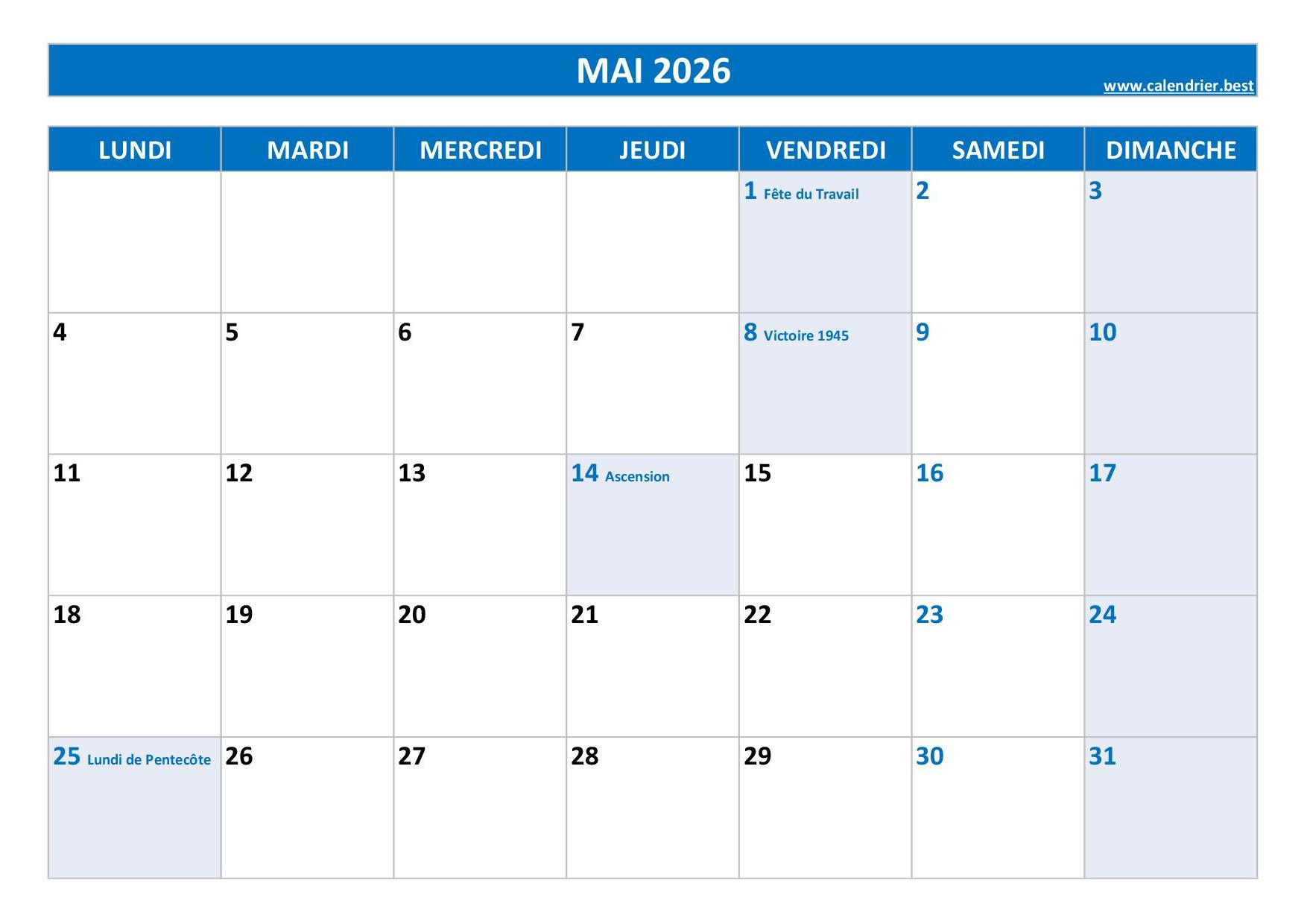 Calendrier Mai 2026 À Consulter Ou Imprimer -Calendrier.best | Calendrier Mai 2026 Avec Jours Fériés