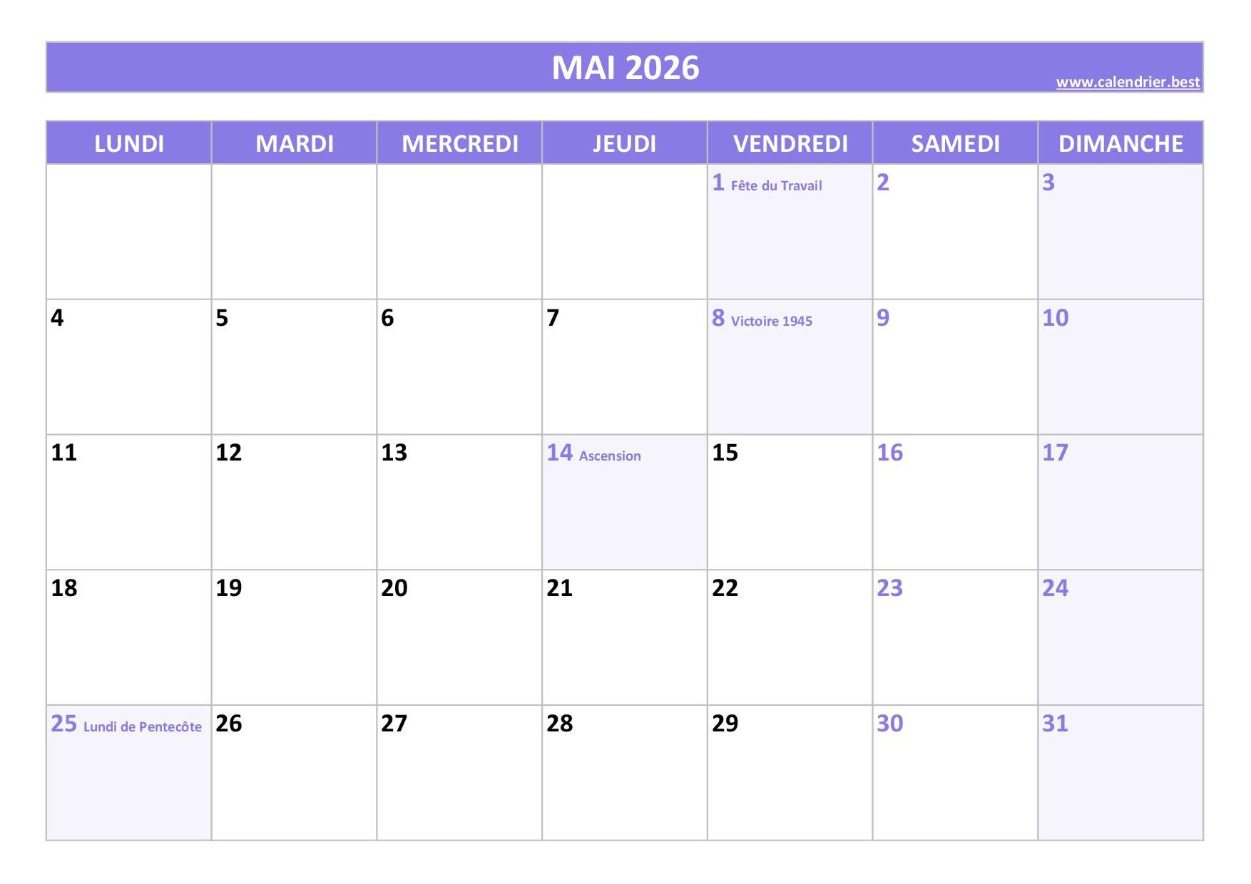 Calendrier Mai 2026 À Consulter Ou Imprimer -Calendrier.best | Calendrier Mai 2026