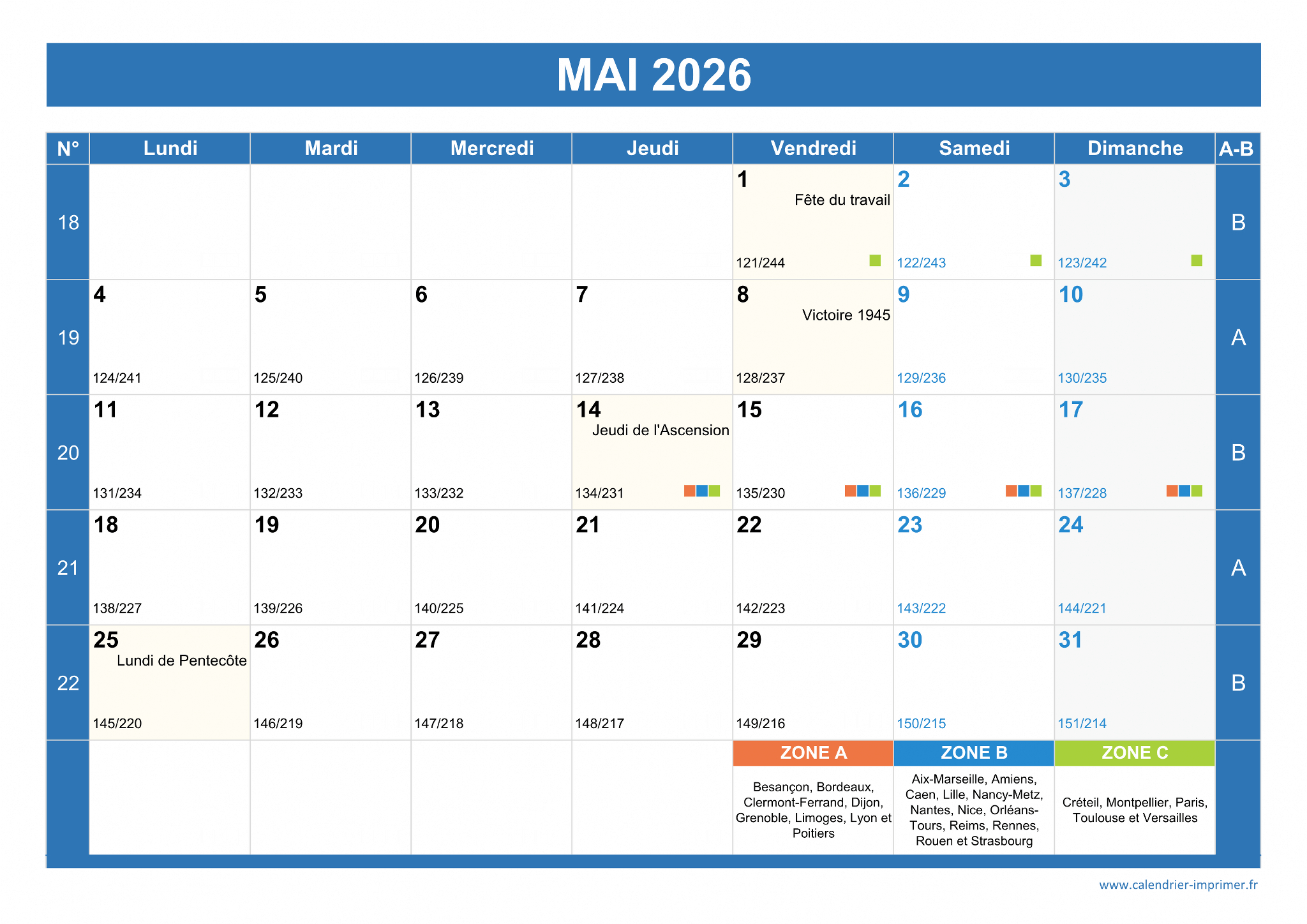 Calendrier Mai 2026 À Imprimer | Calendrier Mai 2026 Avec Jours Fériés