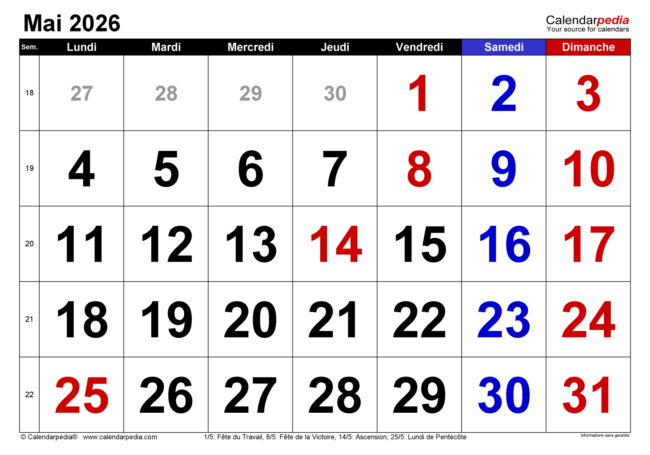 Calendrier Mai 2026 Pdf, Excel Et Word | Calendarpedia | Calendrier Mai 2026