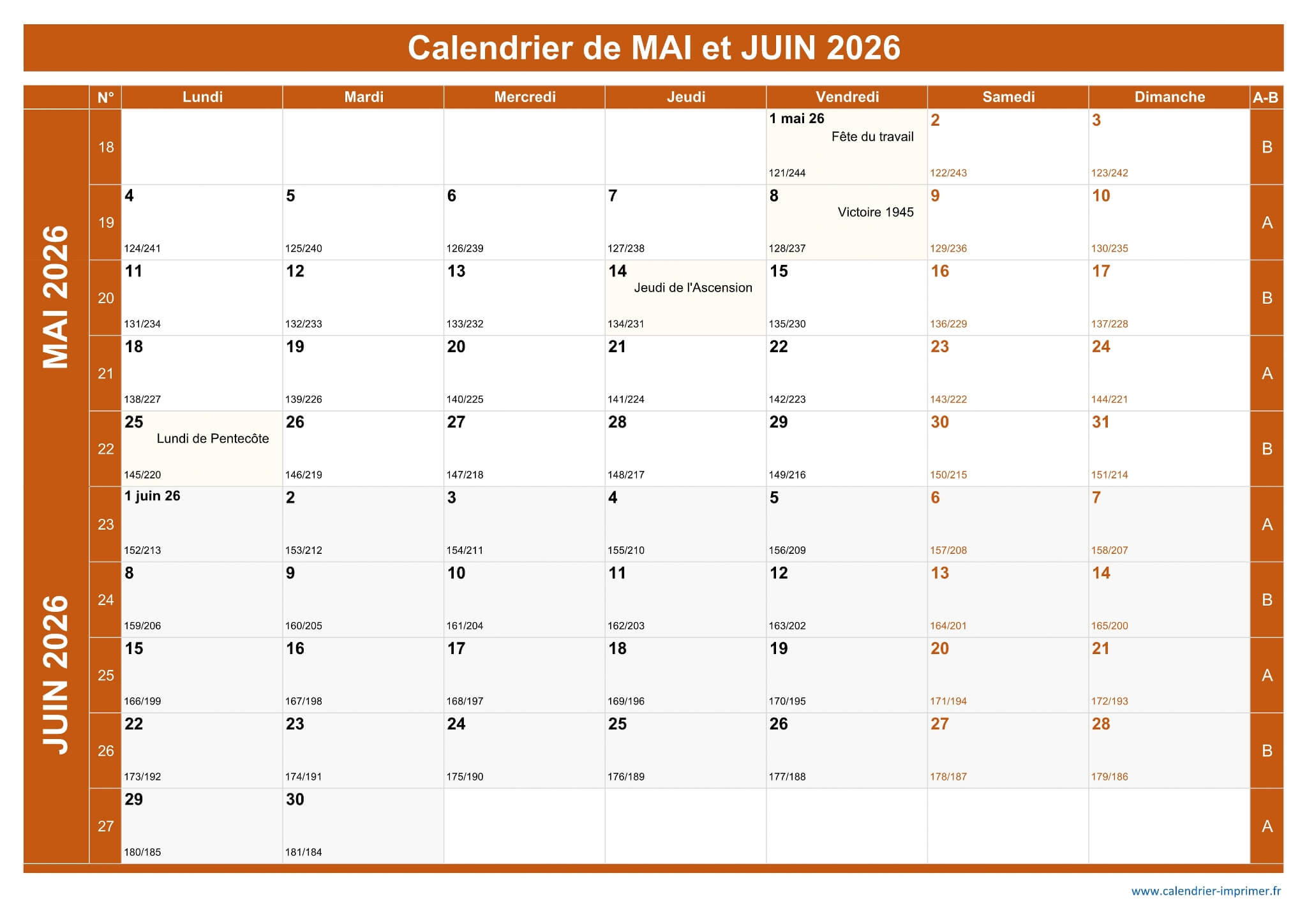 Calendrier Mai Et Juin 2026 À Imprimer | Calendrier Mai Juin 2026