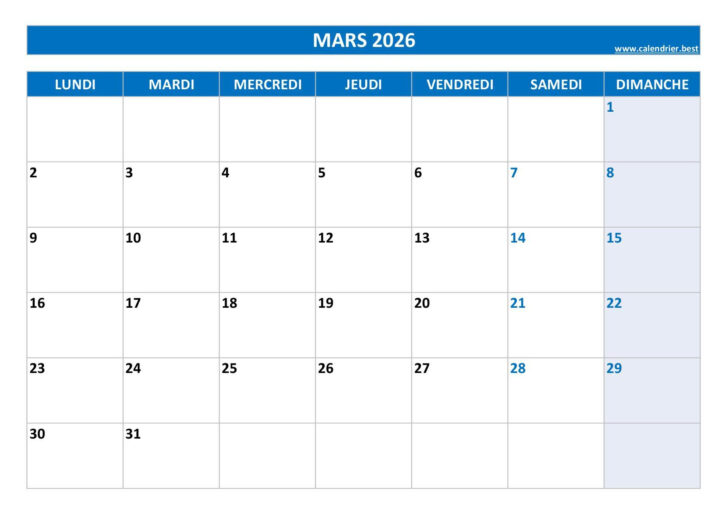Mars 2026 Calendrier