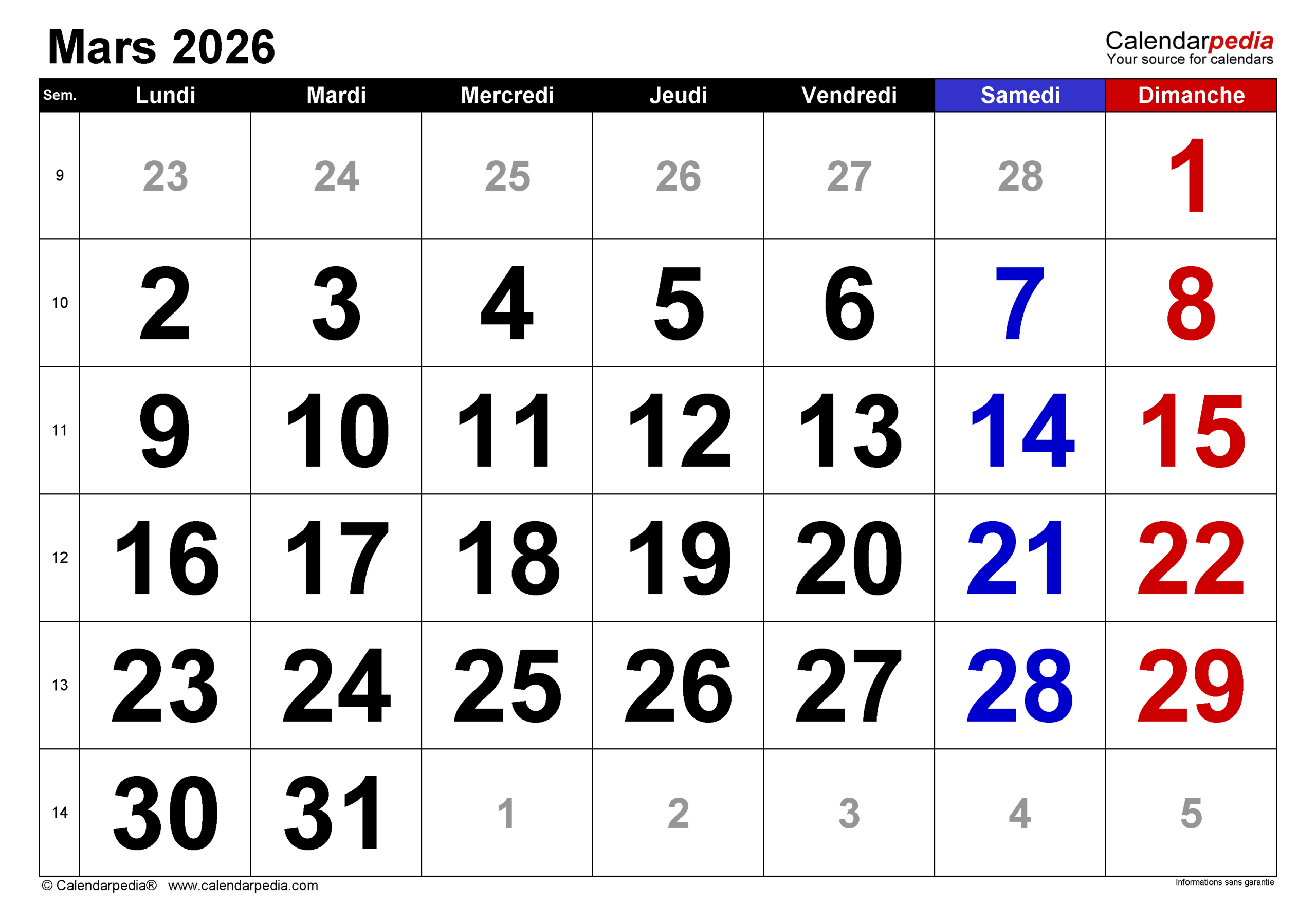 Calendrier Mars 2026 Pdf, Excel Et Word | Calendarpedia | Mars 2026 Calendrier