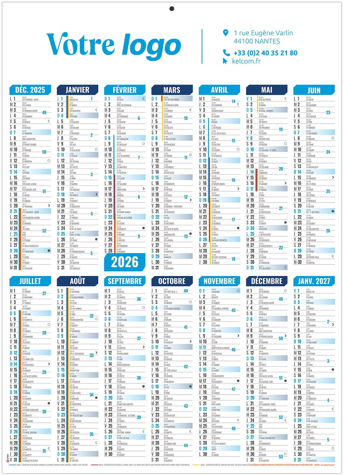 Calendrier Publicitaire Marianne Bleu 2025 405X550 | Calendrier | Lange Bleu Calendrier 2025 2026