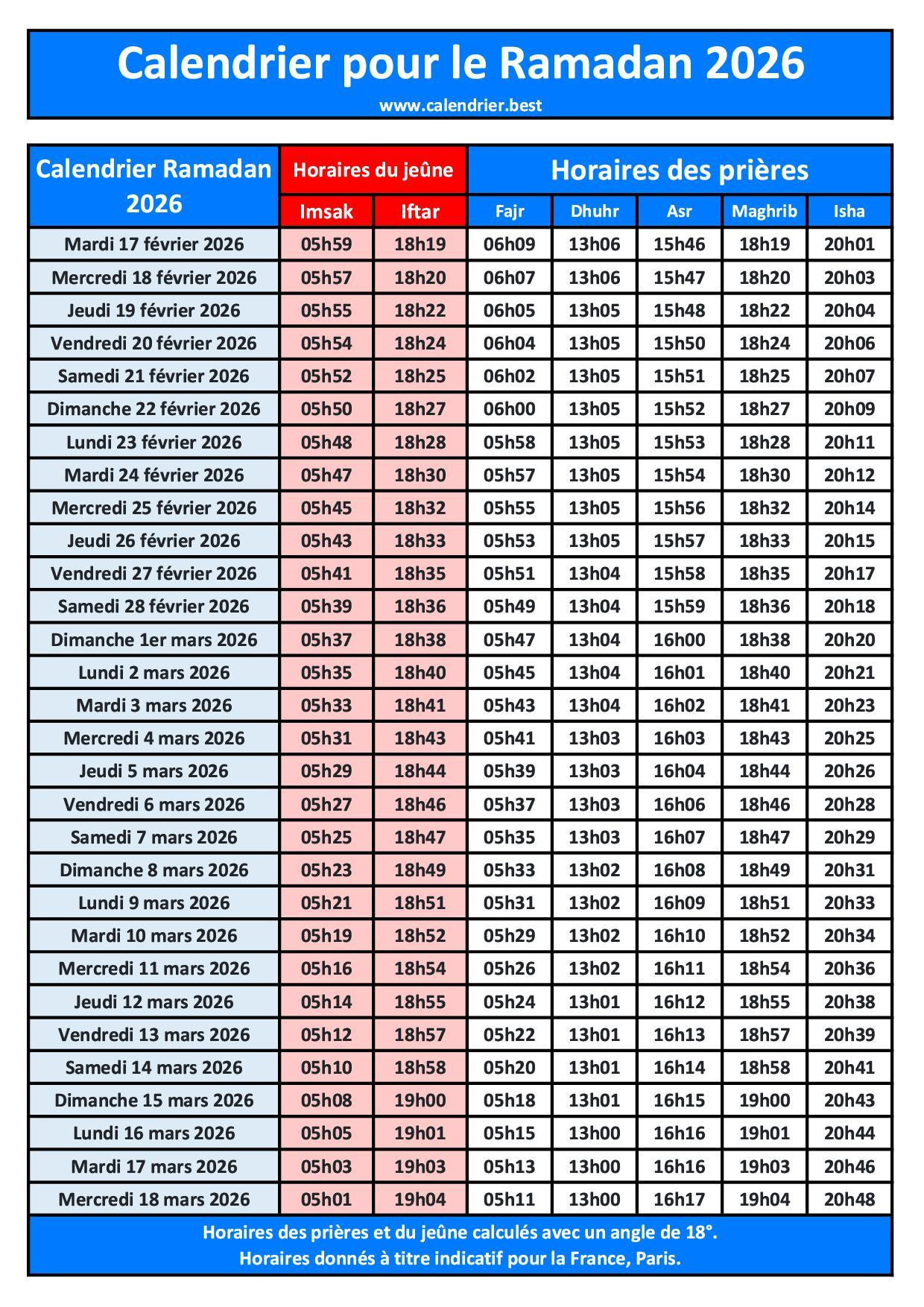 Calendrier Ramadan 2026 : Horaires Du Jeûne &amp;amp; Prières 🌙🕌 | Calendrier Ramadan 2026