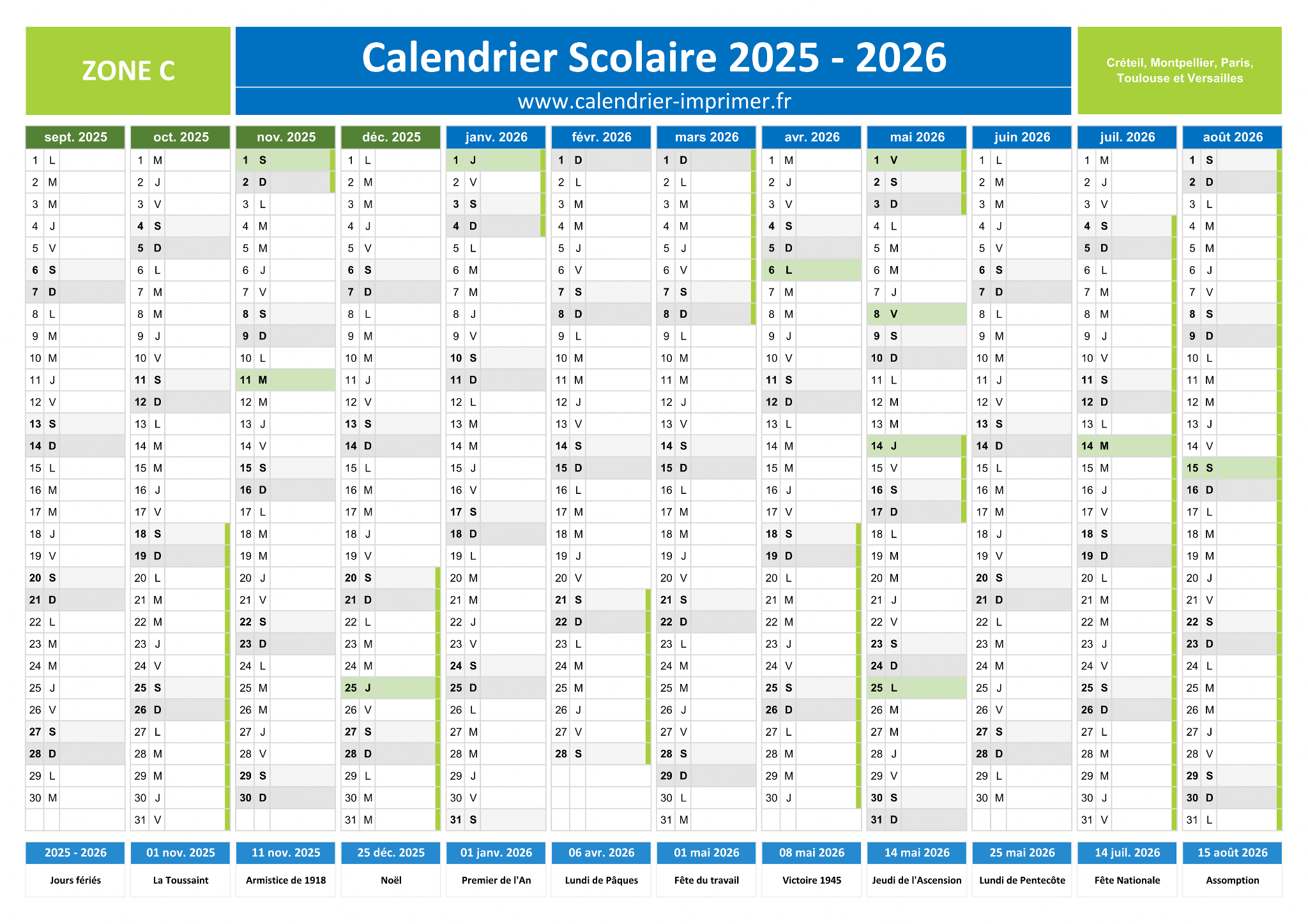 Calendrier Scolaire 2025-2026 À Imprimer | Calendrier 2025 2026 avec Jours Fériés