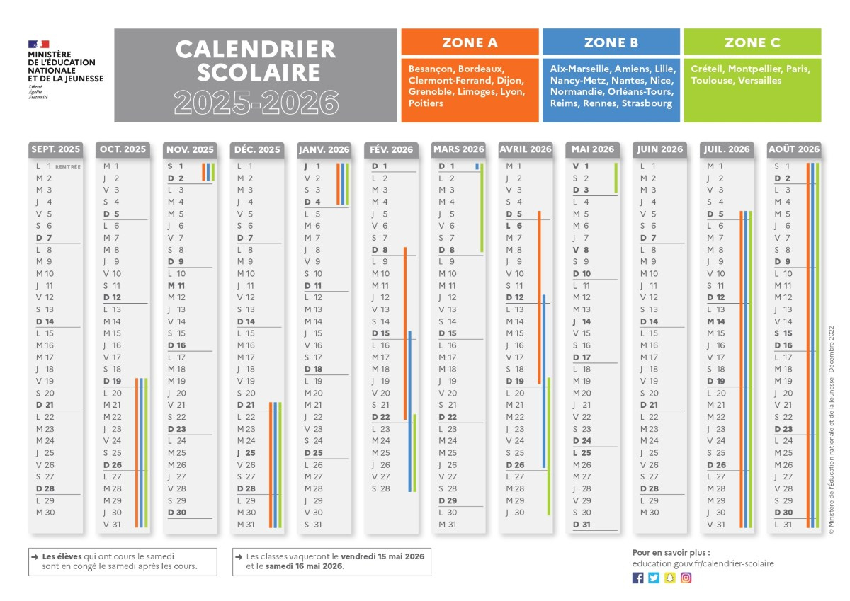 Calendrier Scolaire 2025-2026 Avec Les Dates Des Vacances | Calendrier Vacances Scolaires 2026 Paris