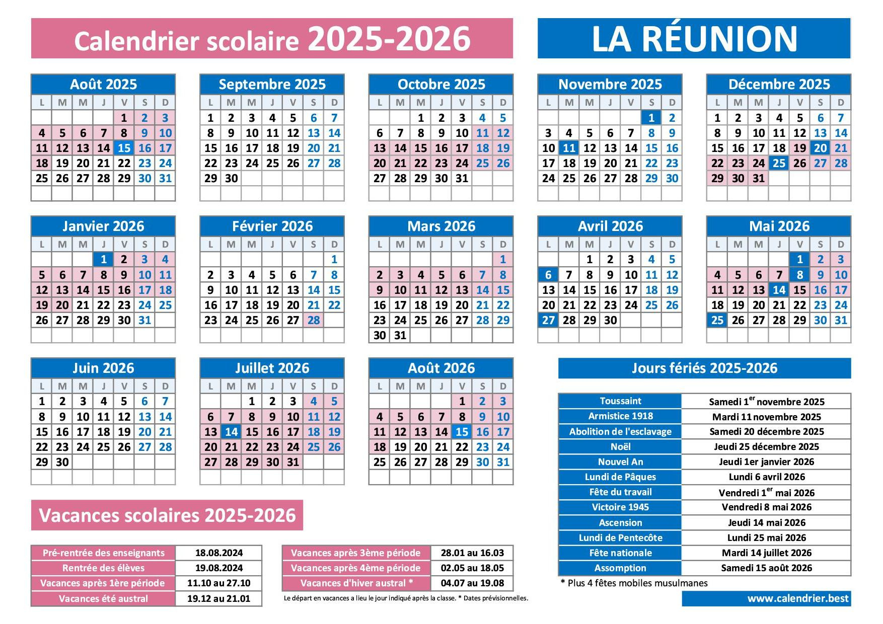 Calendrier Scolaire 2025-2026 La Réunion - Vacances Et Jours | Calendrier 2026 Réunion