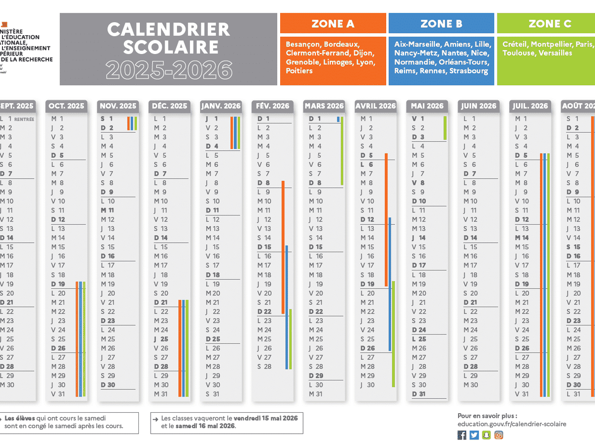 Calendrier Scolaire 2025-2026. Vacances, Jours Fériés, Zones A, B | Calendrier 2025 Et 2026