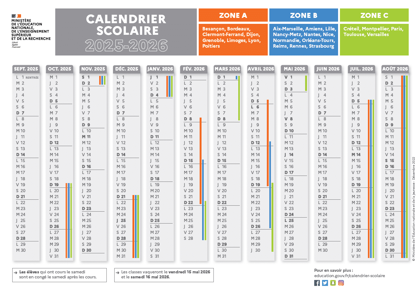 Calendrier Scolaire 2025-2026. Vacances, Jours Fériés, Zones A, B | Calendrier 2026 Avec Vacances Scolaires