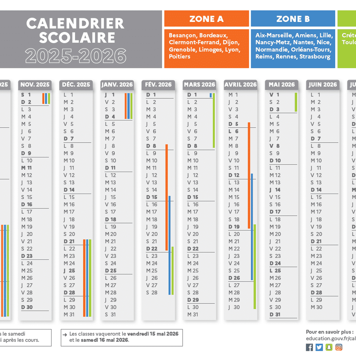 Calendrier Scolaire 2025-2026. Vacances, Jours Fériés, Zones A, B | Calendrier Scolaire 2026 Zone B