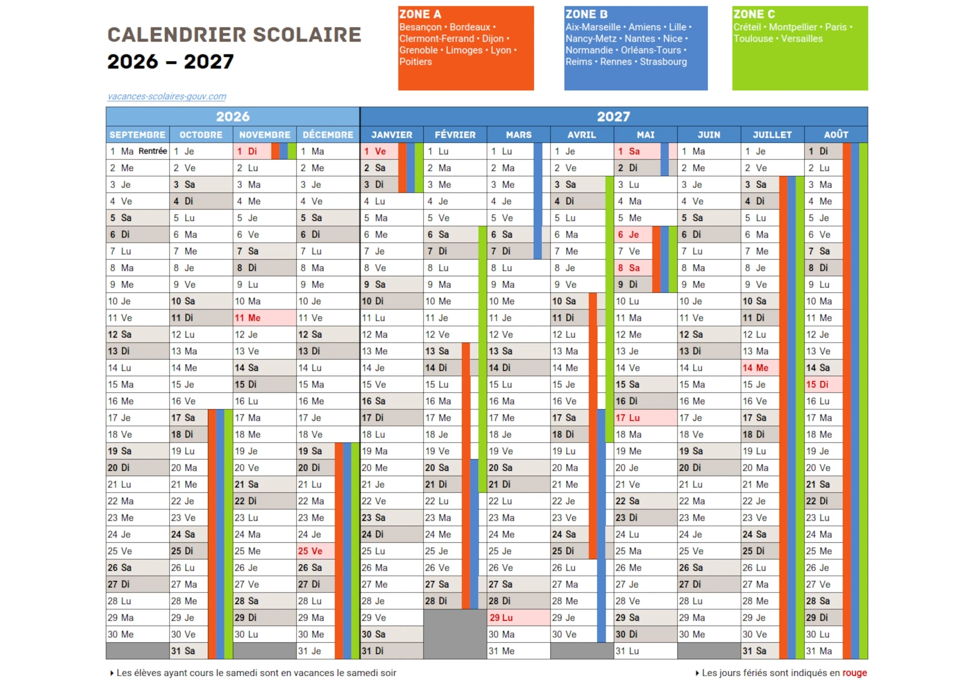 Calendrier Scolaire 2026-2027 ≡ Dates Officielles Des Vacances | Calendrier Vacances Scolaires 2026 2027