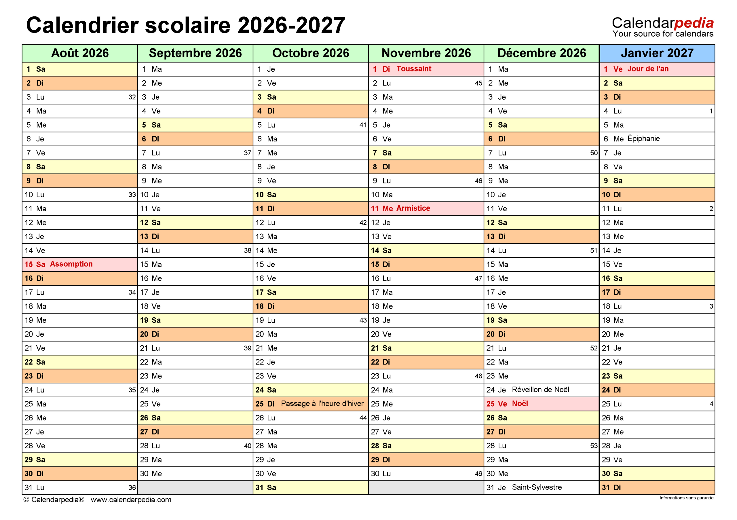 Calendrier Scolaire 2026-2027 Pdf, Excel Et Word | Calendarpedia | Calendrier Scolaire 2026 2027 Belgique
