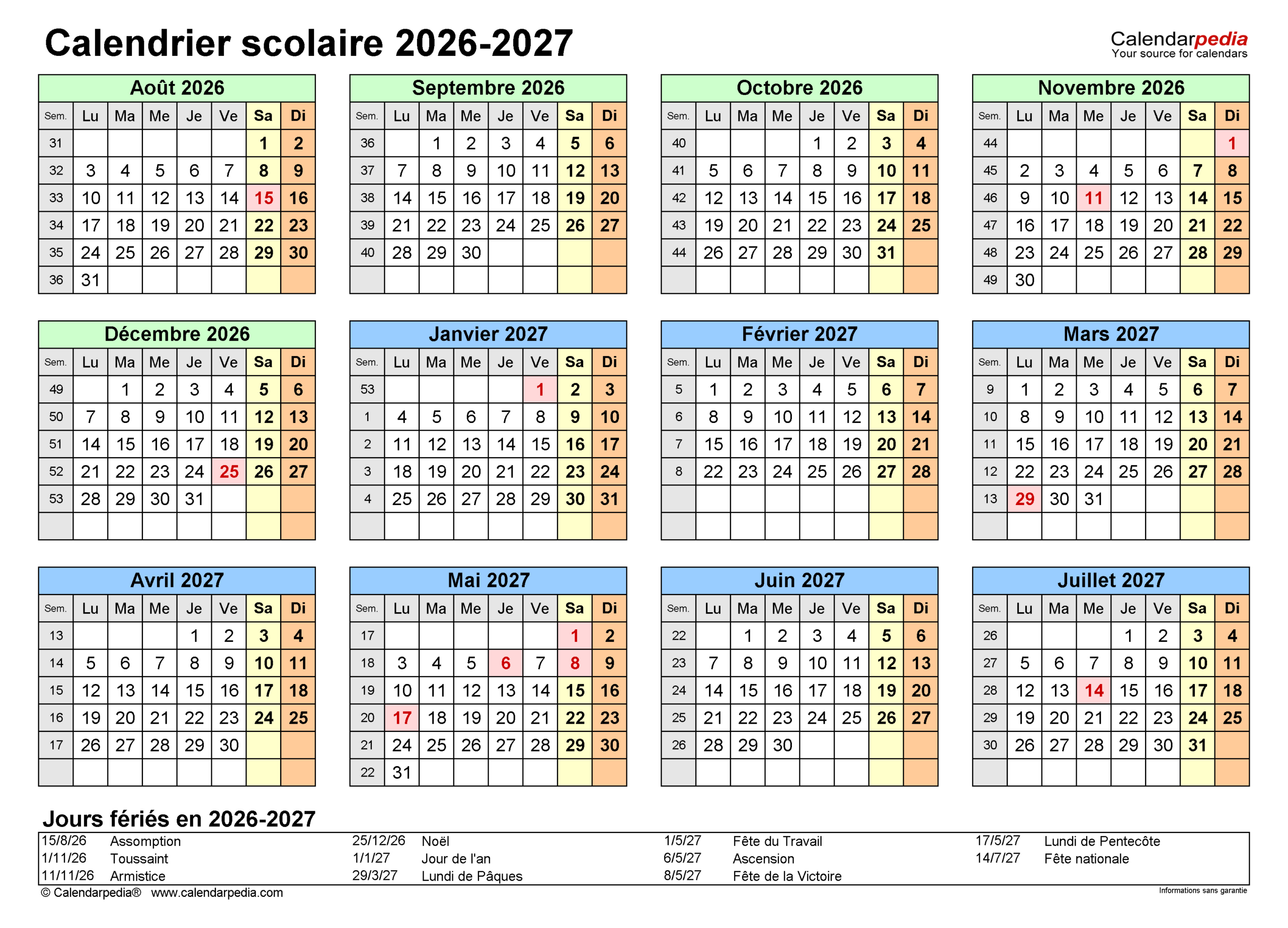 Calendrier Scolaire 2026-2027 Pdf, Excel Et Word | Calendarpedia | Calendrier Scolaire 2026 2027