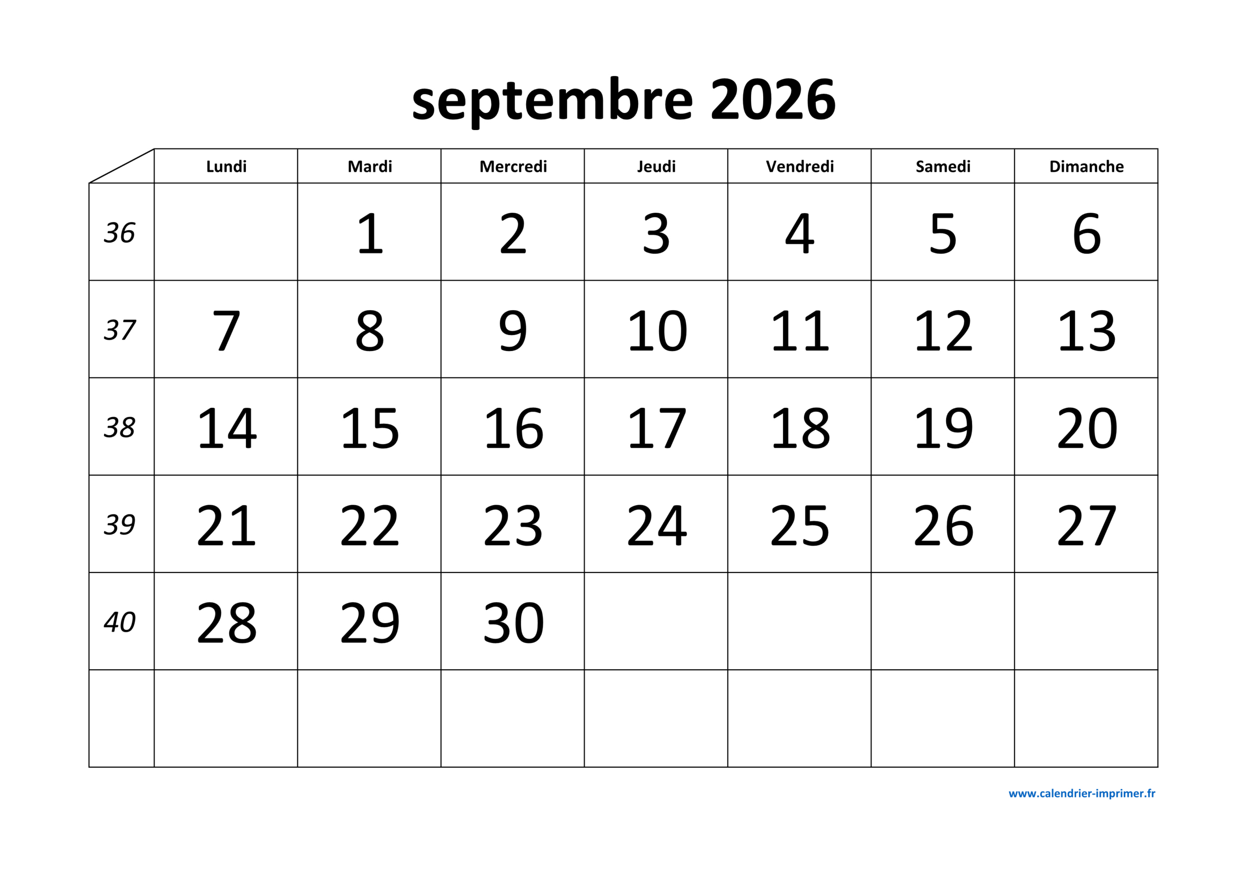 Calendrier Septembre 2026 À Imprimer | Septembre 2026 Calendrier